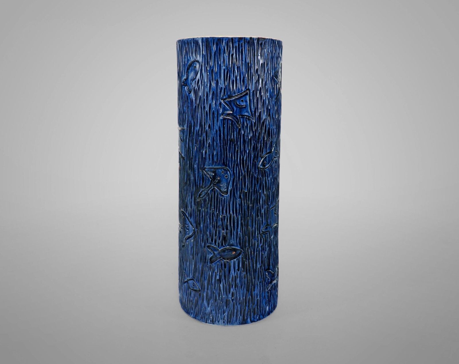 Xl Blue Carved Fish Studio Pottery Vase By Hanen Ben Salah – Signed