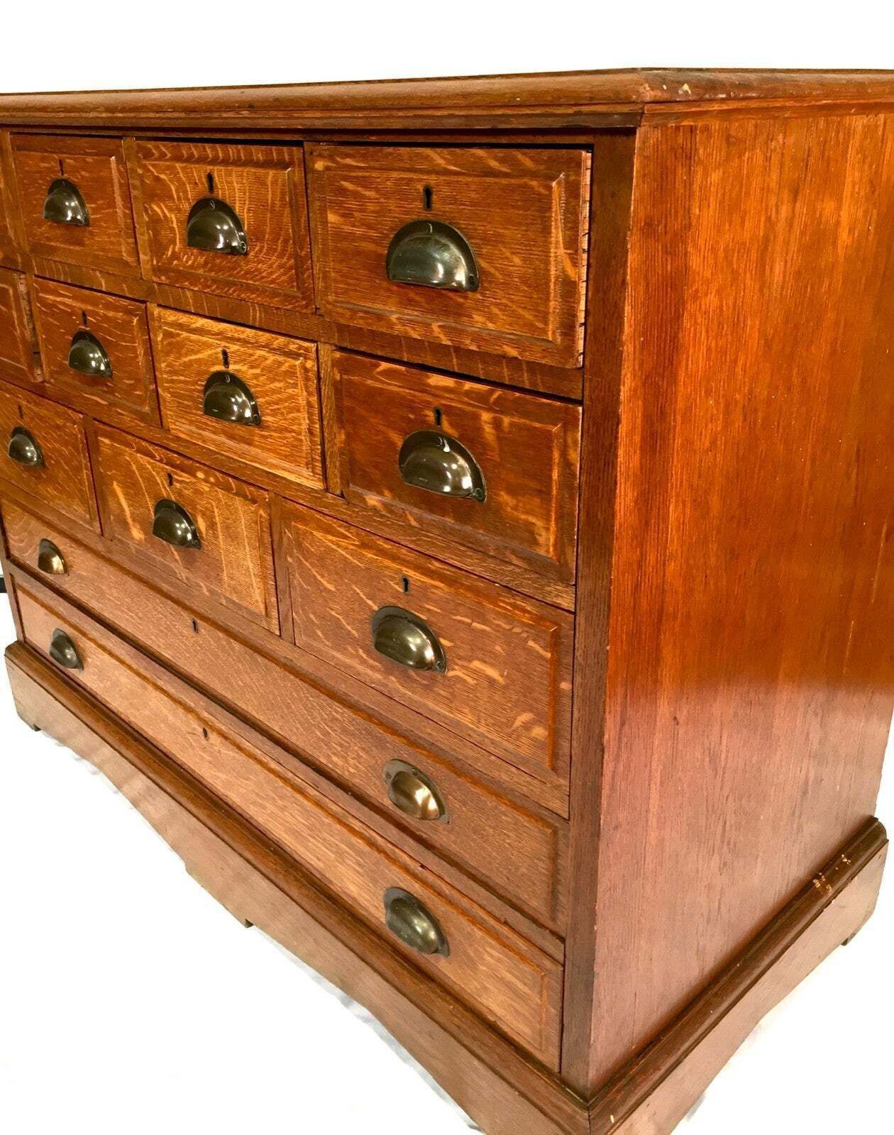 Furniture Antique Large Wooden Oak Haberdashery Filing Drawer Storage Cabinet Sideboard photo
