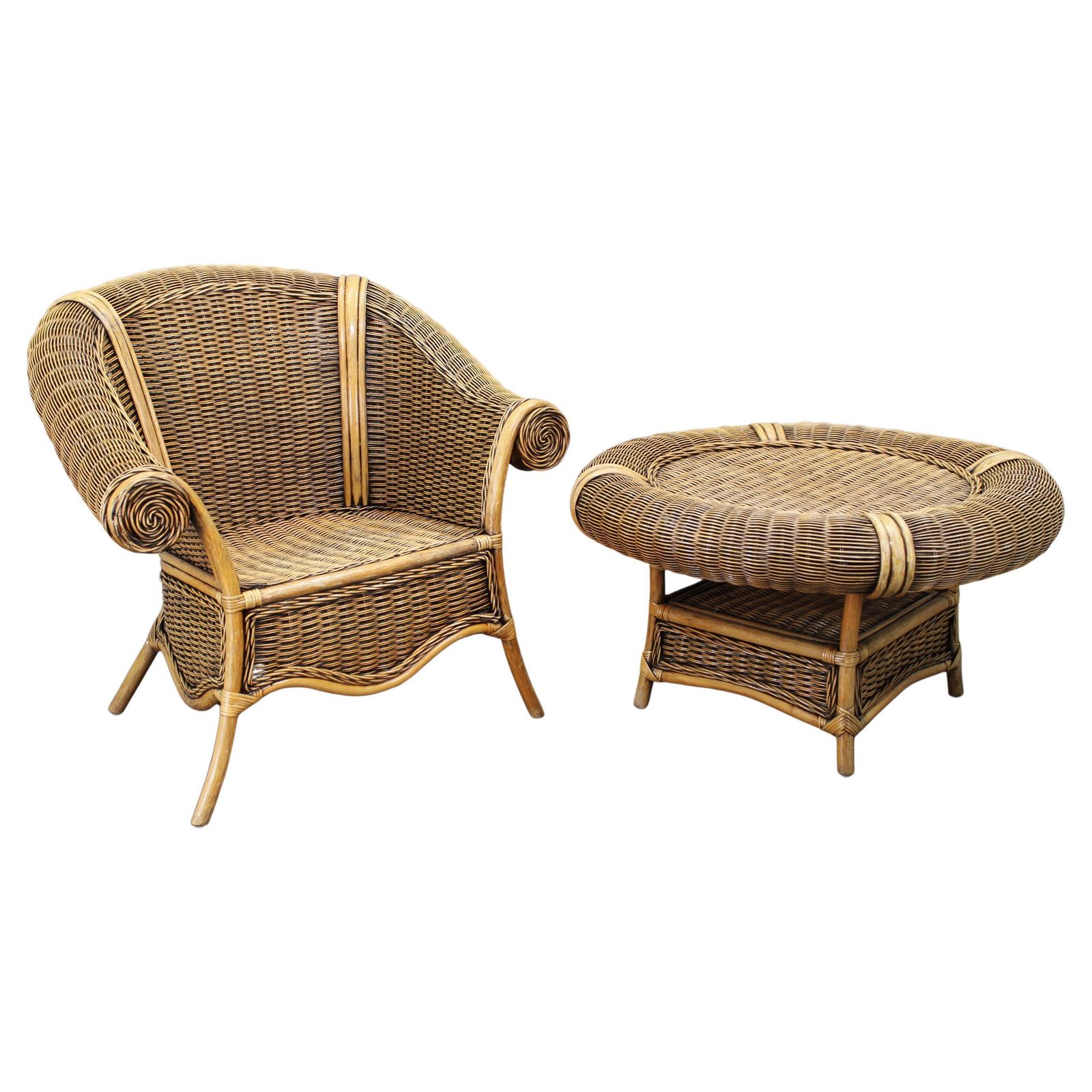 Vintage Organic Rattan Armchair And Round Coffee Table Set, 1980s 1990s