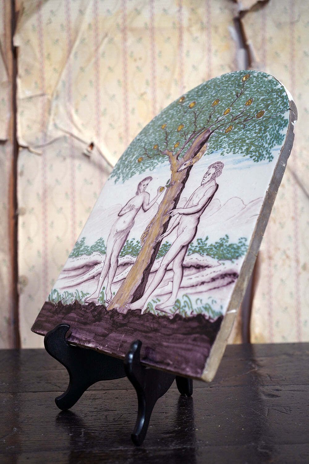 A Large Late 18thc Earthenware Plaque Of The Fall Of Adam And Eve & The Tree Of Knowledge C.1780 photo vintage