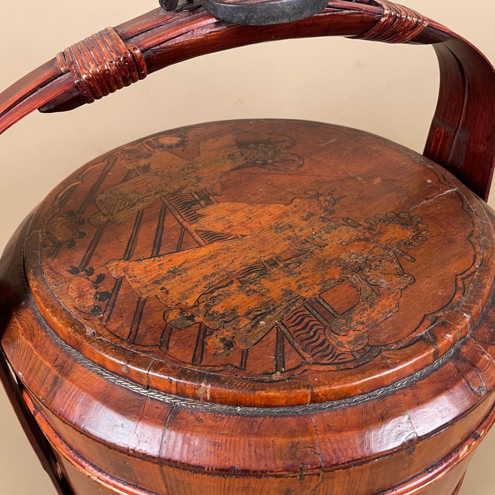 Antique Chinese Wedding Basket Ceremonial Marriage Gift Giving 3 Tier Stacking Hand Painted Asian Wooden With Handle photo vinterior