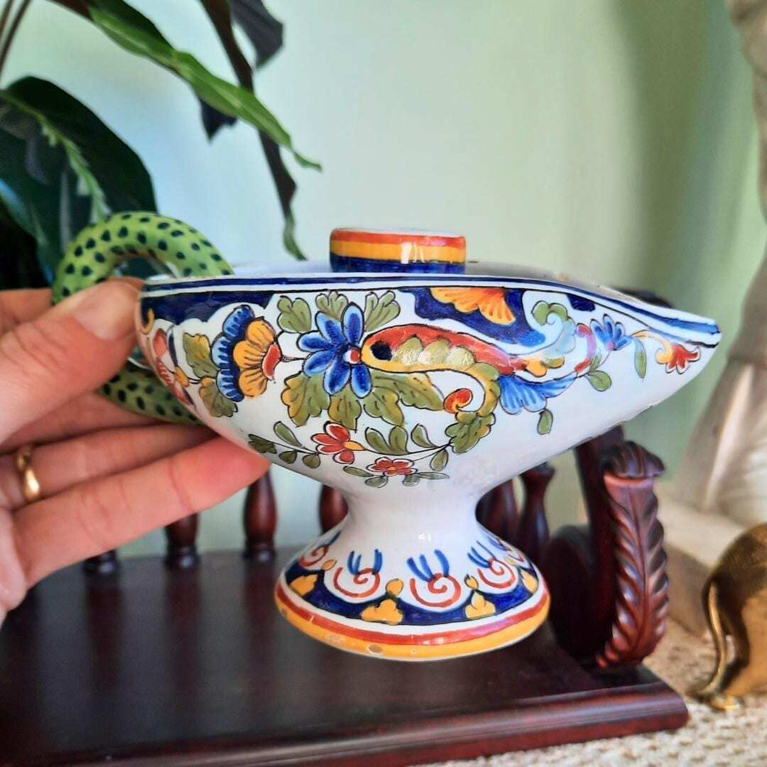 Antique French Faience Rouen Hand Painted Polychrome Chamberstick Candleholder C 1880's. photo furniture