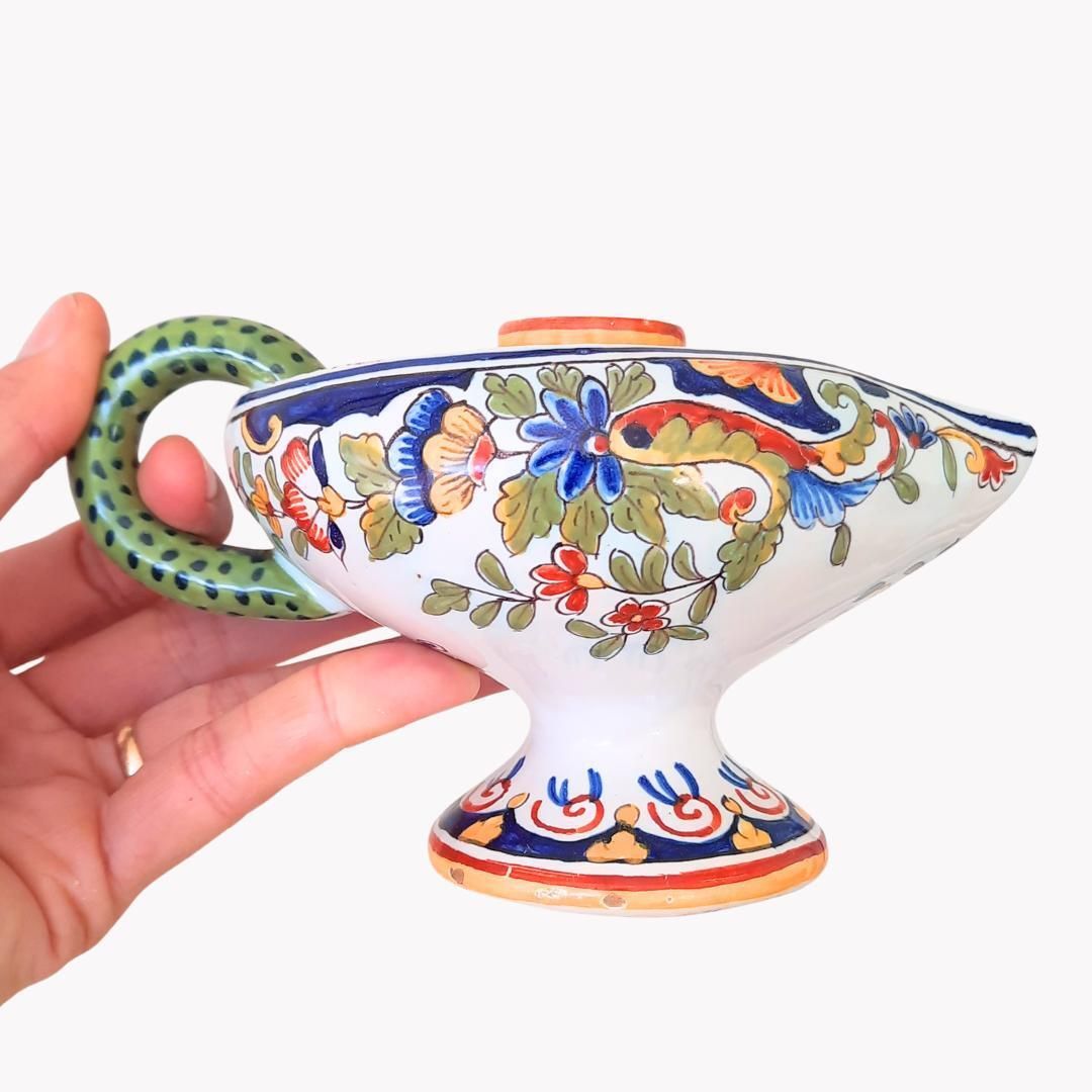 Antique French Faience Rouen Hand Painted Polychrome Chamberstick Candleholder C 1880's. photo vinterior