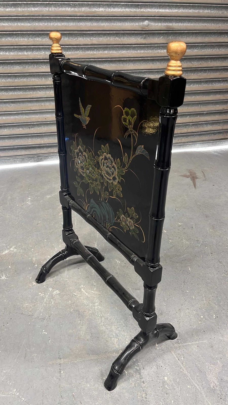 Vintage Black Chinoiserie Style Faux Bamboo Fire Screen Hand Decorated photo for sale