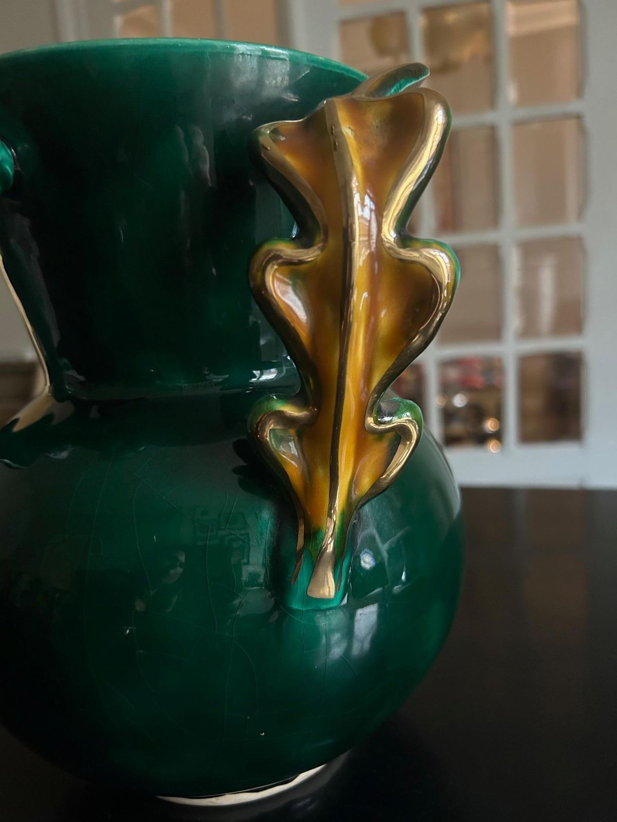 Mid Century French Ceramic Vase, Greene & Greene, Gilt Handles, Circa 1950 photo 570.0