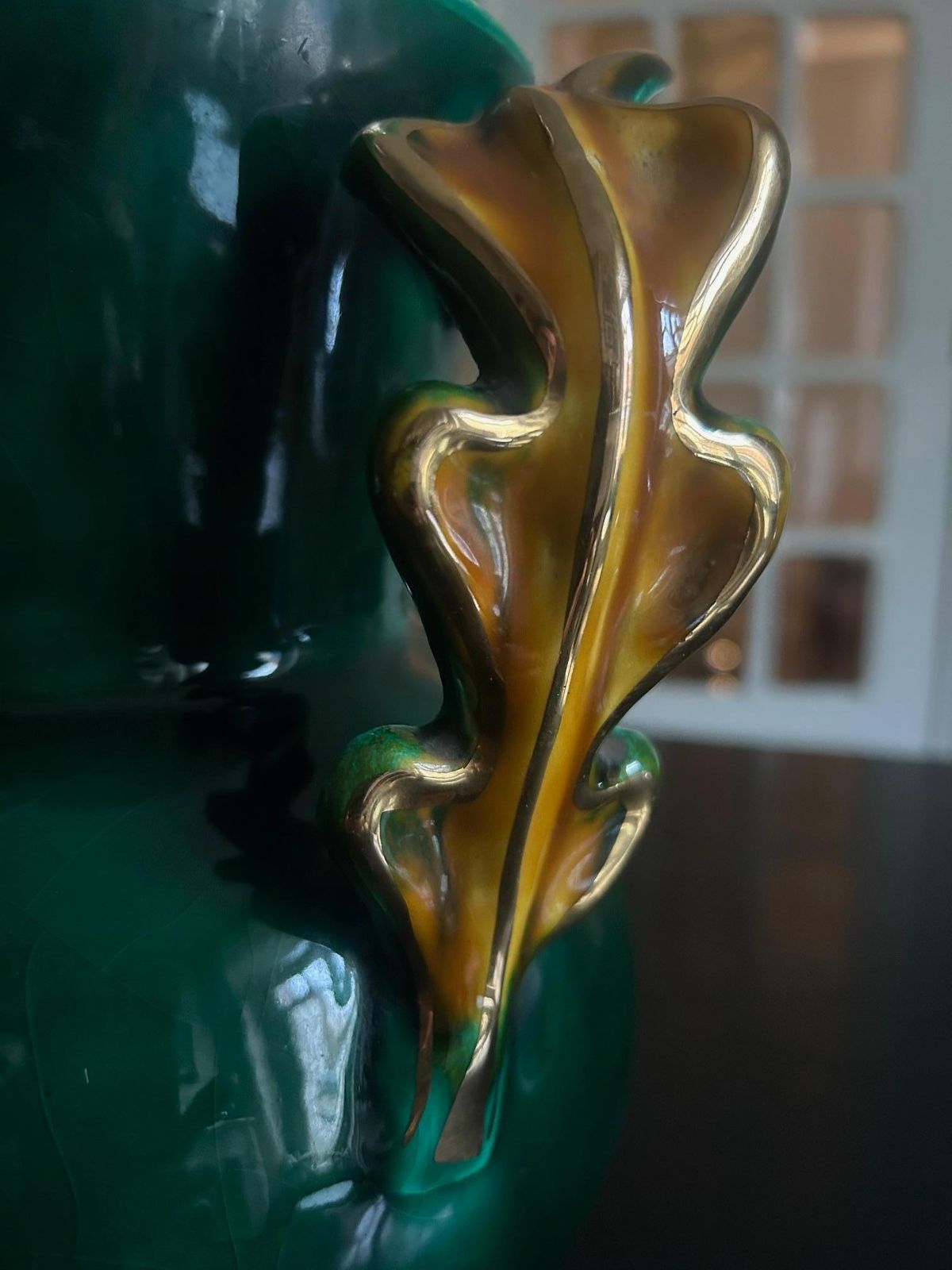Mid Century French Ceramic Vase, Greene & Greene, Gilt Handles, Circa 1950 photo vinterior