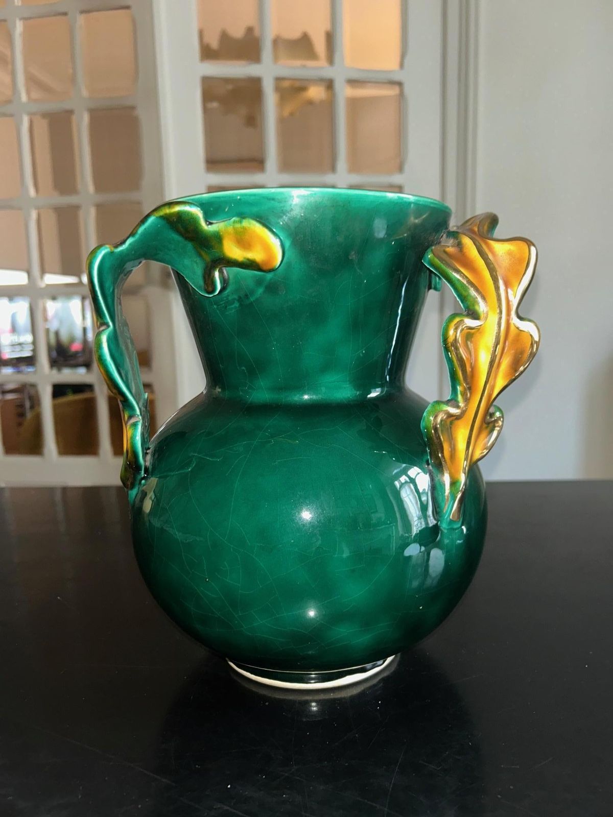 Mid Century French Ceramic Vase, Greene & Greene, Gilt Handles, Circa 1950 photo vintage