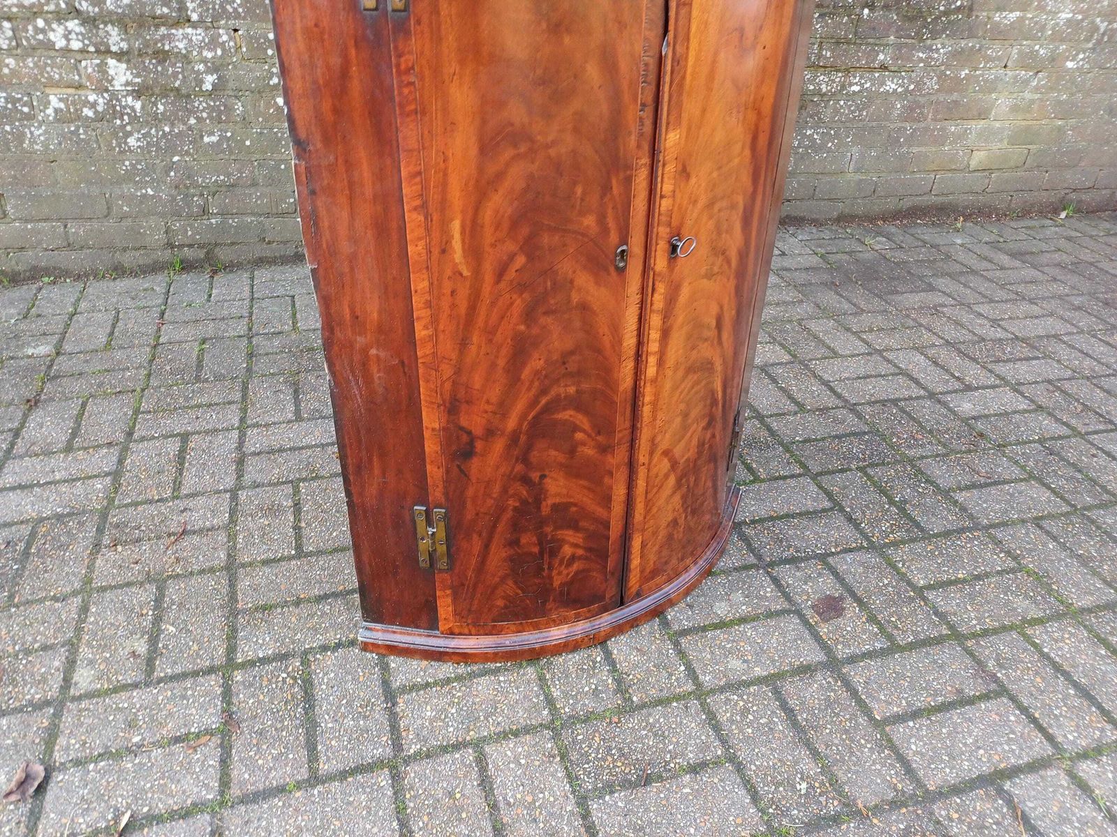 photo for sale Superb Antique Curved Mahogany Corner Cupboard C.1820 50 Solid Oak Inlay & Marquetry Original Key Some Repairs Free Hand Delivery