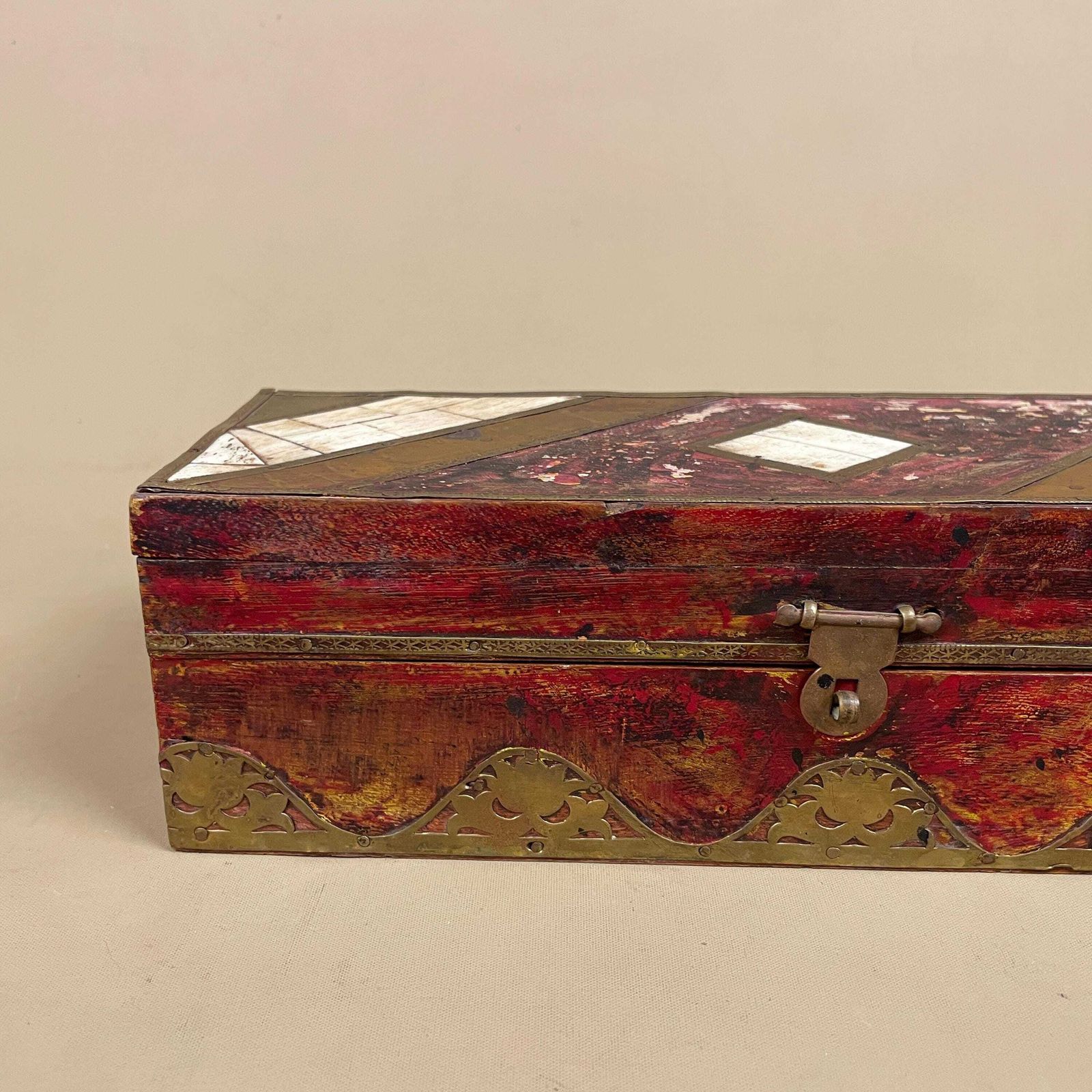 Vintage Wooden Patterned Inlay Box Trinket Jewellery Indian Geometric Rectangular Rectangle Brass Metal Detail Asian Traditional Red photo for sale