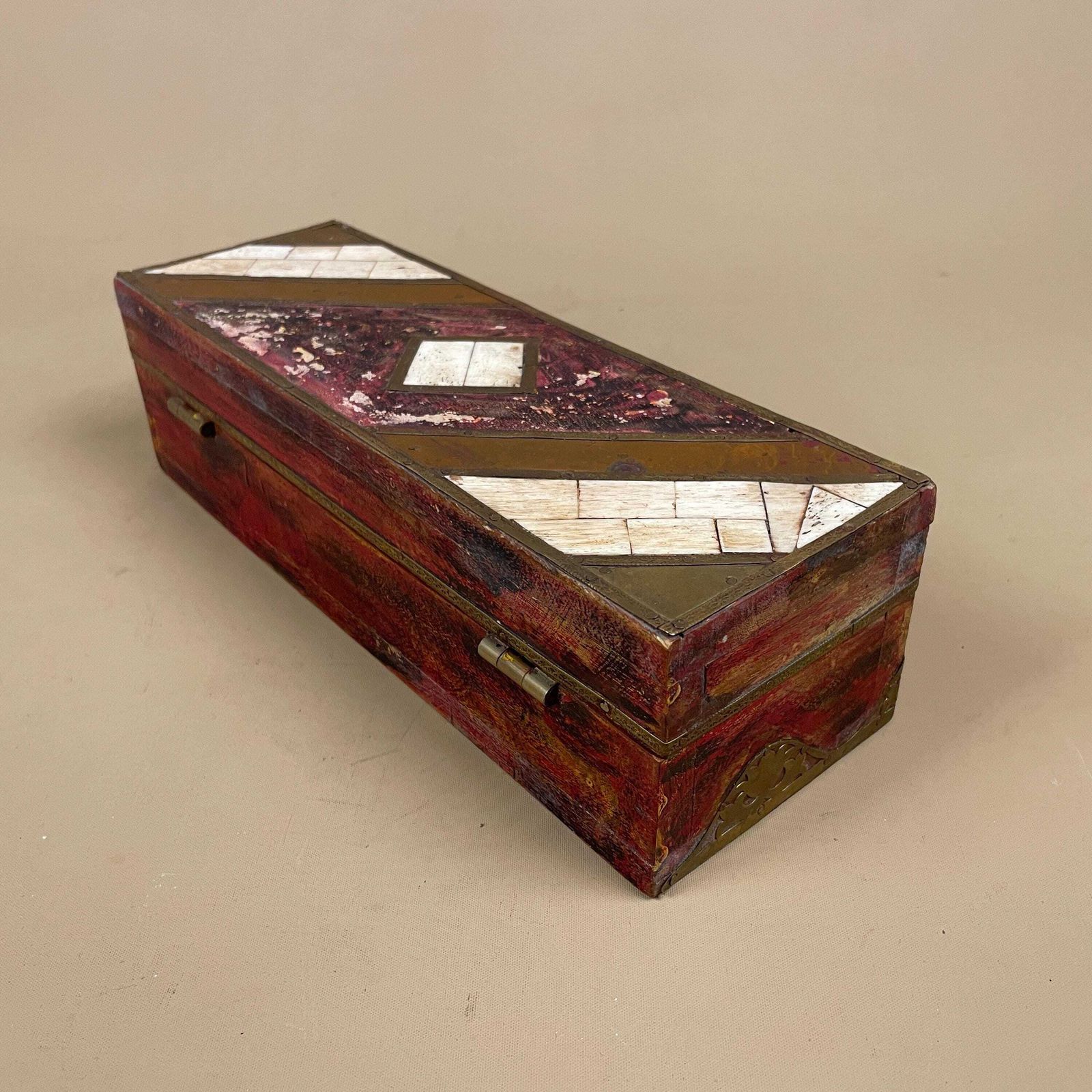 Vintage Wooden Patterned Inlay Box Trinket Jewellery Indian Geometric Rectangular Rectangle Brass Metal Detail Asian Traditional Red photo vintage