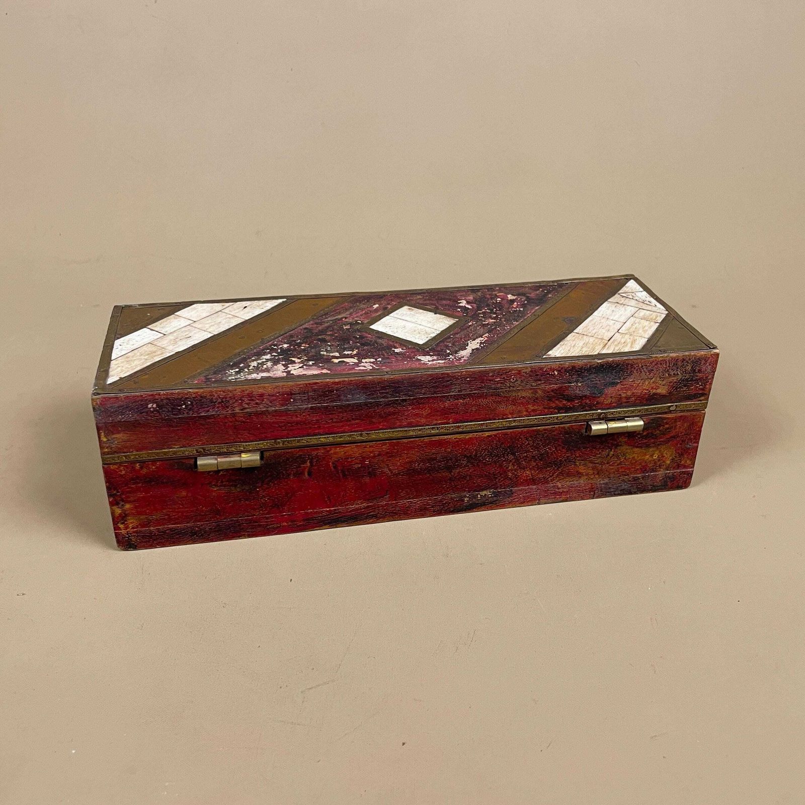 photo for sale Vintage Wooden Patterned Inlay Box Trinket Jewellery Indian Geometric Rectangular Rectangle Brass Metal Detail Asian Traditional Red