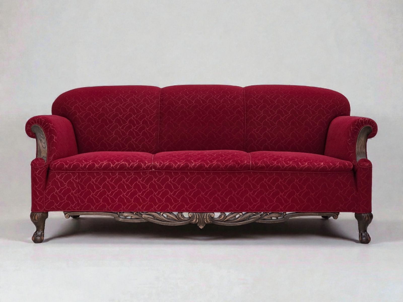 1950s, Danish 3 Seater Sofa, Red And Light Grey Furniture Wool, Carved Oak Wood.