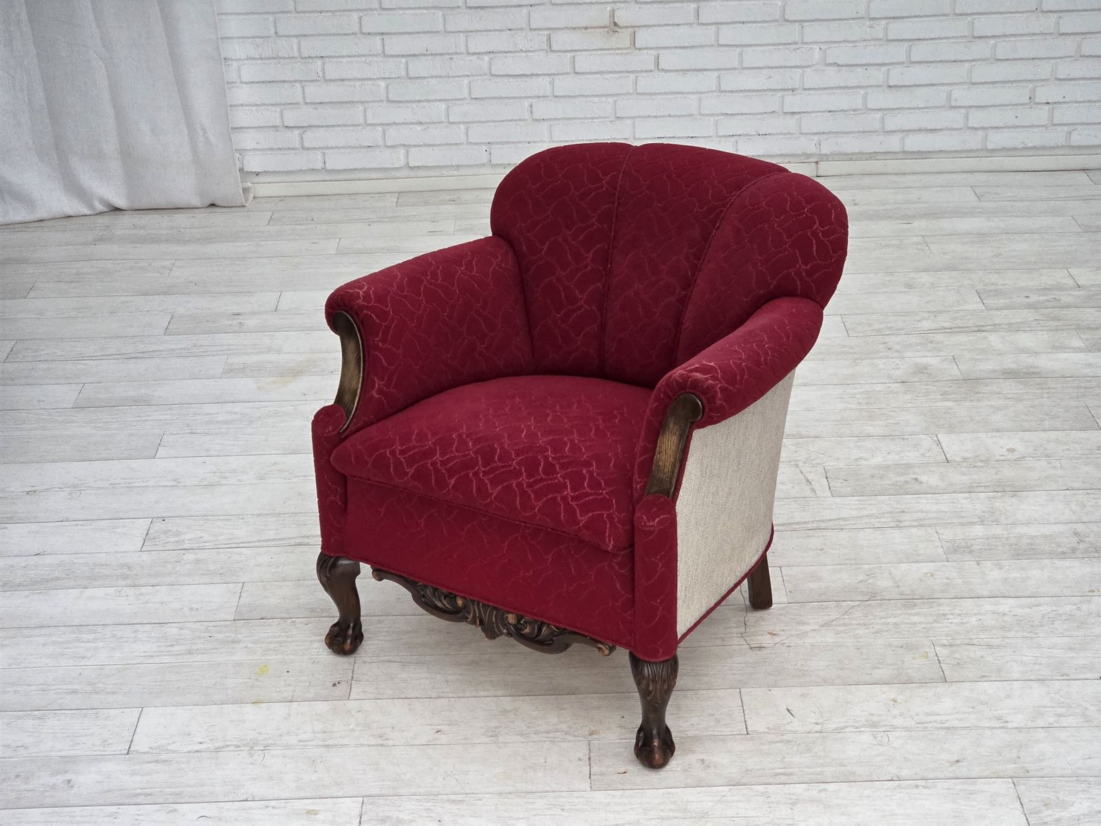 1950s, Danish Armchair, Red And Light Grey Furniture Wool, Carved Oak Wood. photo for sale