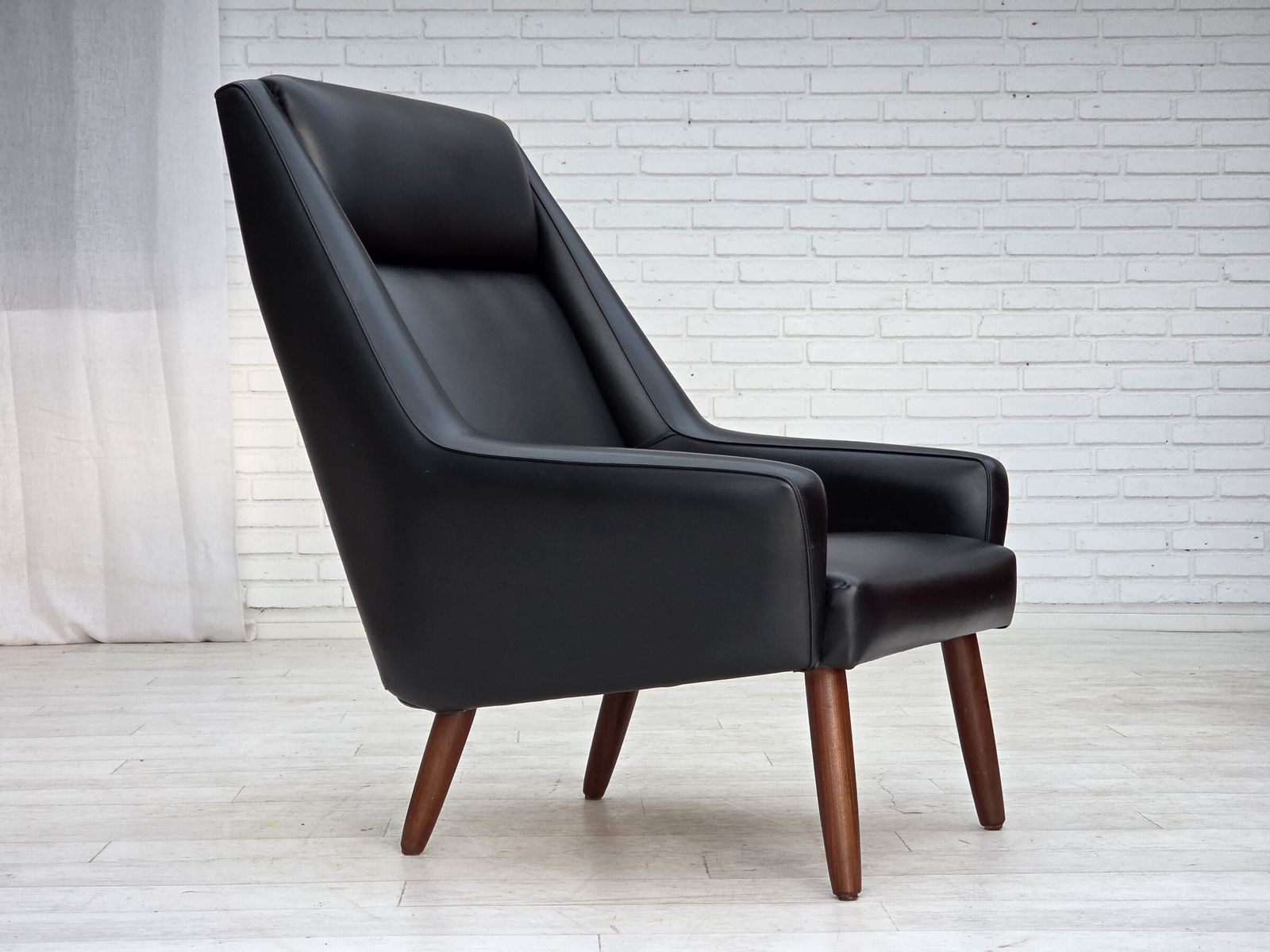 1970s, Danish Highback Armchair, Black Artificial Leather, Teak Wood Legs. photo furniture