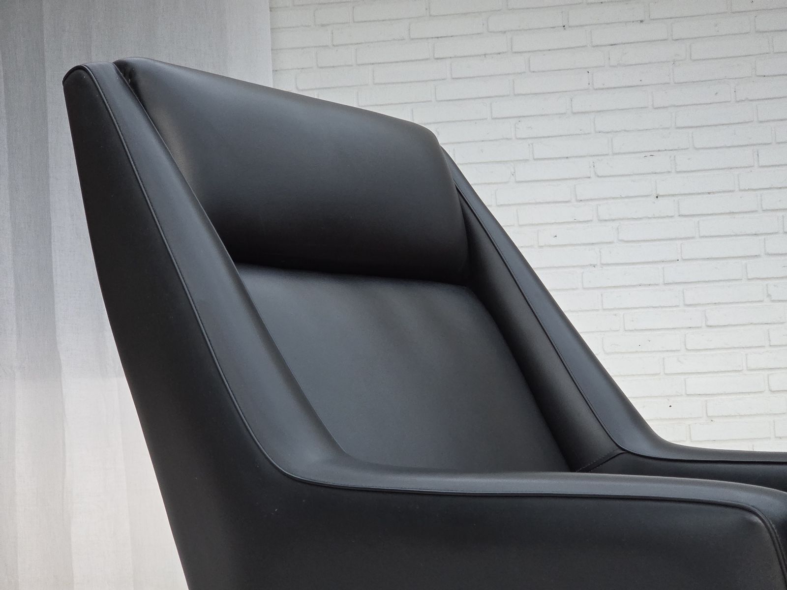 1970s, Danish Highback Armchair, Black Artificial Leather, Teak Wood Legs. photo for sale