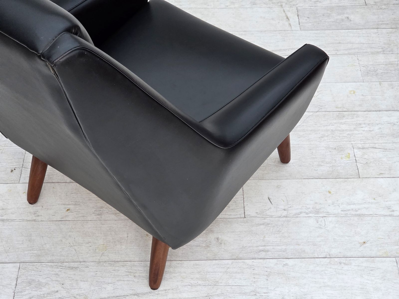 1970s, Danish Highback Armchair, Black Artificial Leather, Teak Wood Legs. photo vinterior