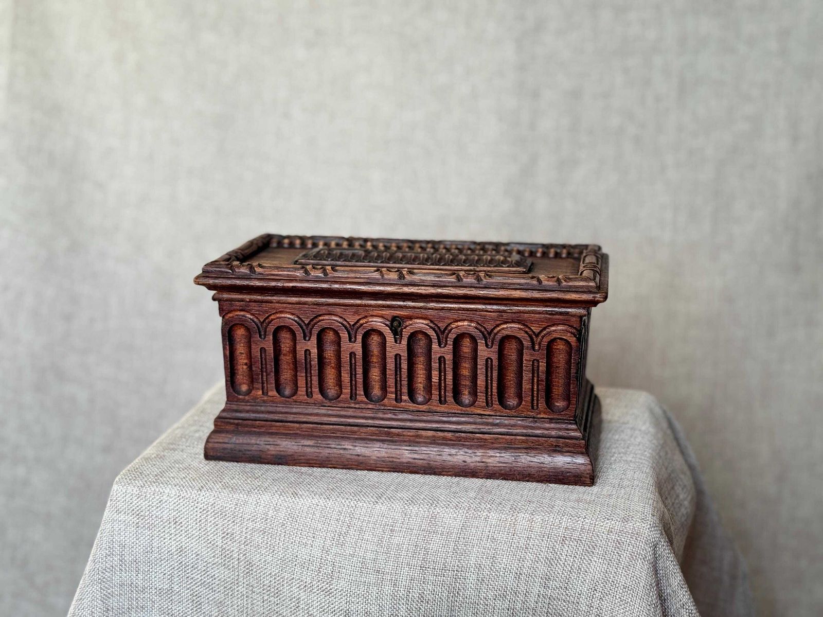 Antique Carved Wooden Jewellery Chest With Key | Gothic Revival Trinket Box | Large Decorative Wood Box | Architectural Carved Detail photo for sale