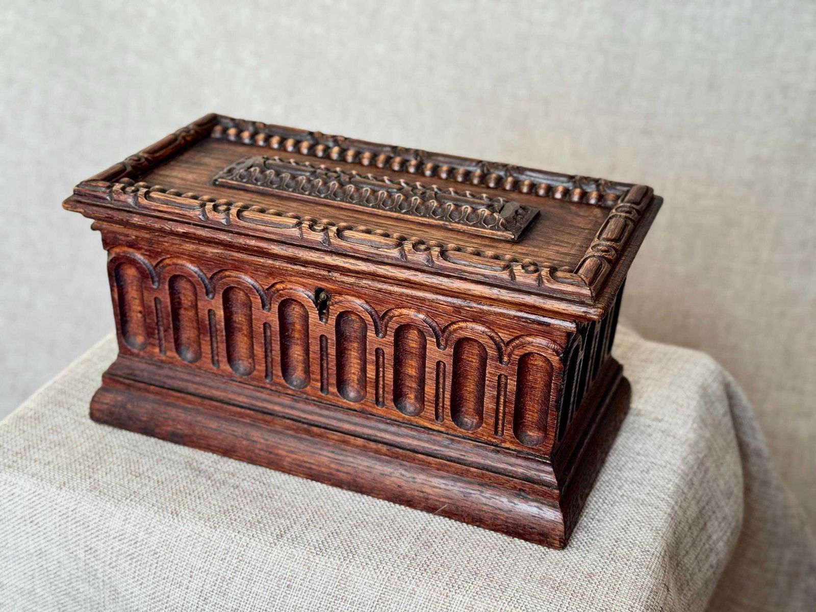 Antique Carved Wooden Jewellery Chest With Key | Gothic Revival Trinket Box | Large Decorative Wood Box | Architectural Carved Detail photo vinterior