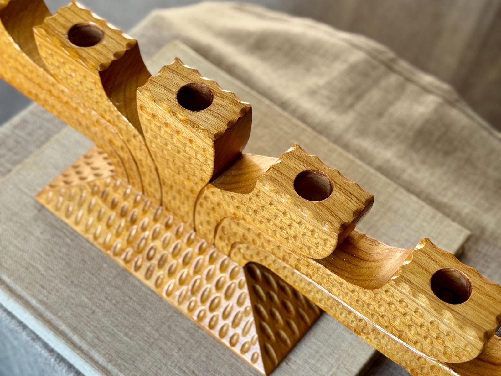 Scandinavian Wooden Menorah | Mid Century Nordic Candelabra | Chip Carved Folk Art Candle Holder photo 120.0