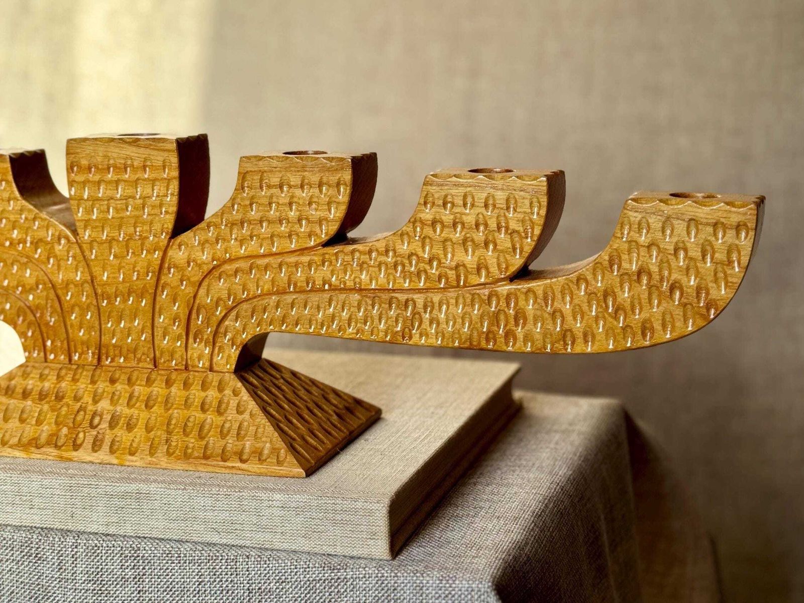 Scandinavian Wooden Menorah | Mid Century Nordic Candelabra | Chip Carved Folk Art Candle Holder photo buy