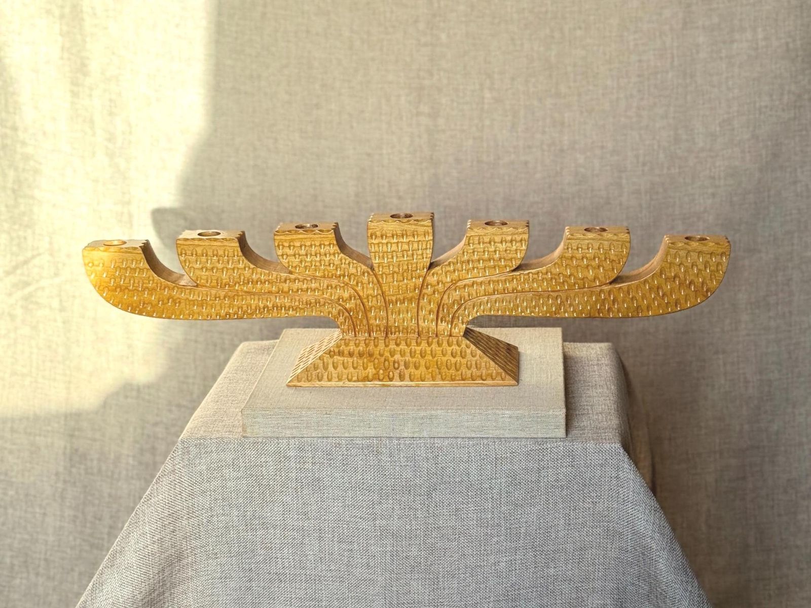 photo furniture Scandinavian Wooden Menorah | Mid Century Nordic Candelabra | Chip Carved Folk Art Candle Holder