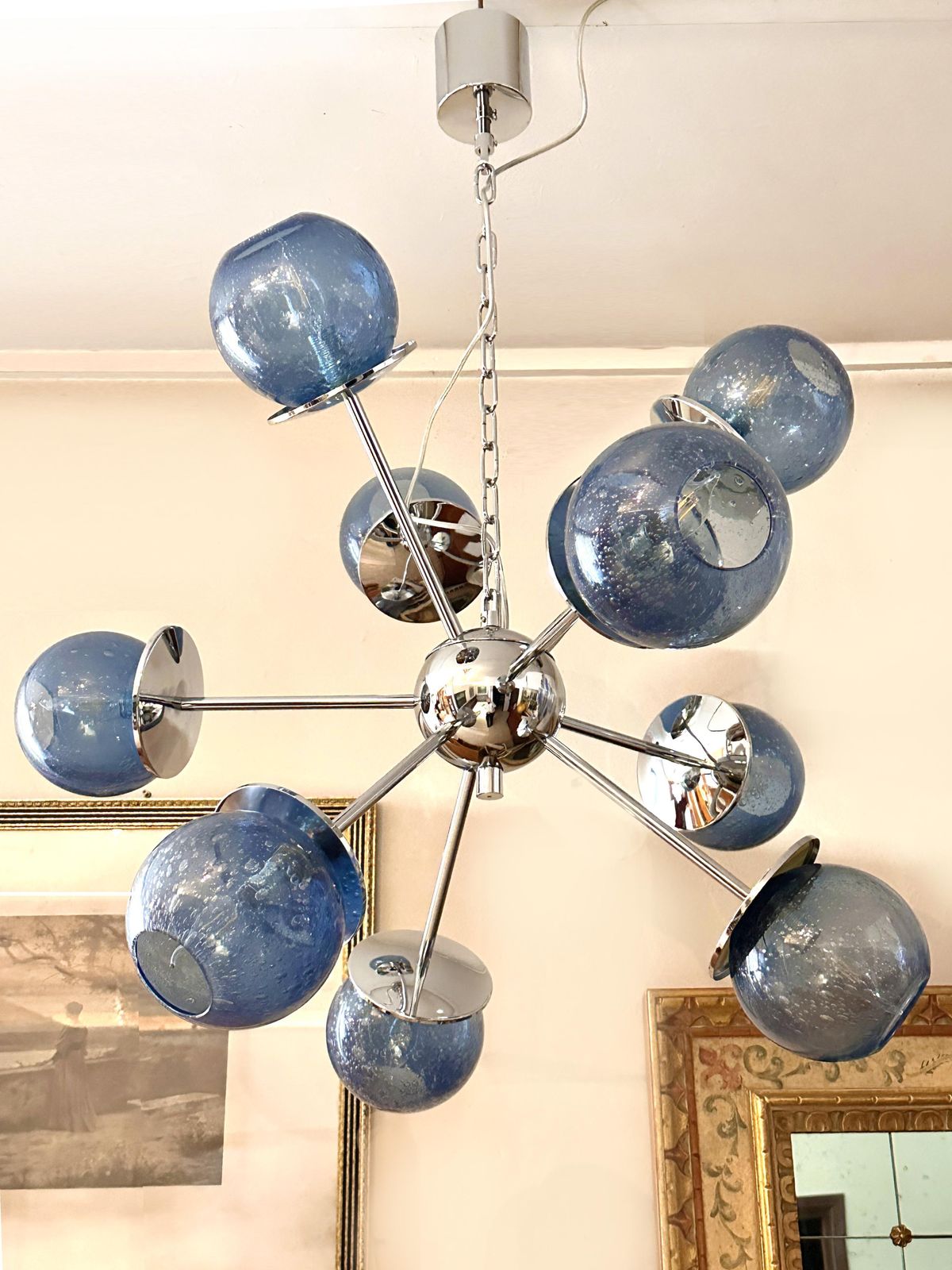 Mid Century Modern Sputnik "Pulegoso" Blue Murano Glass Chandelier photo vinterior