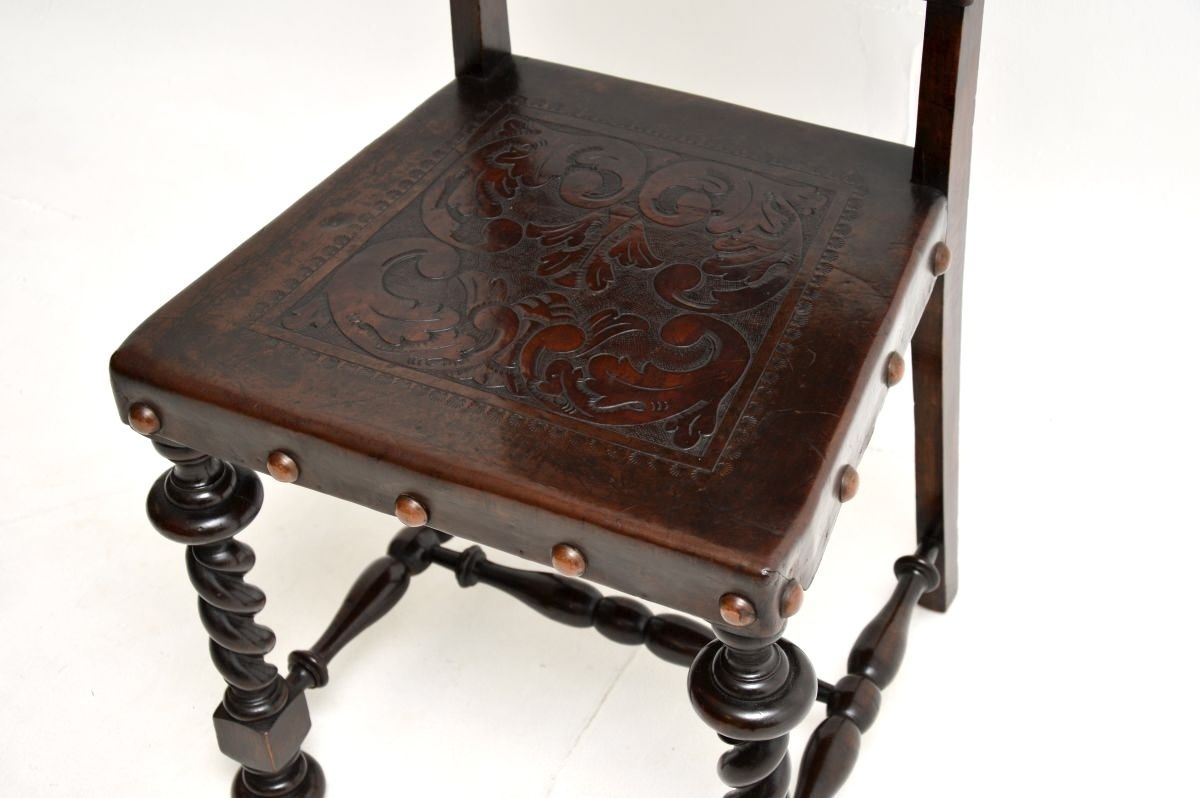 photo vinterior Set Of Six Antique Portuguese Embossed Leather And Walnut Dining Chairs