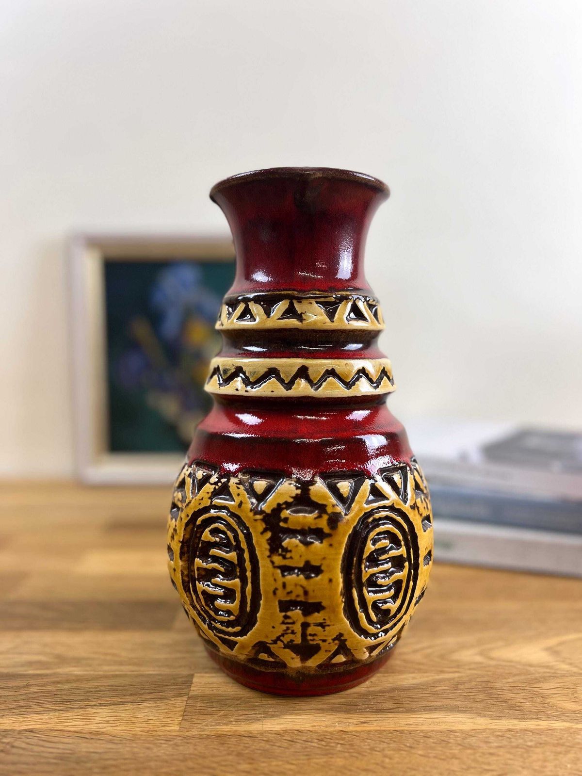 ü Keramik Red And Yellow Relief Vase   West German Ethnic Looking Ceramic Vase photo 65.0