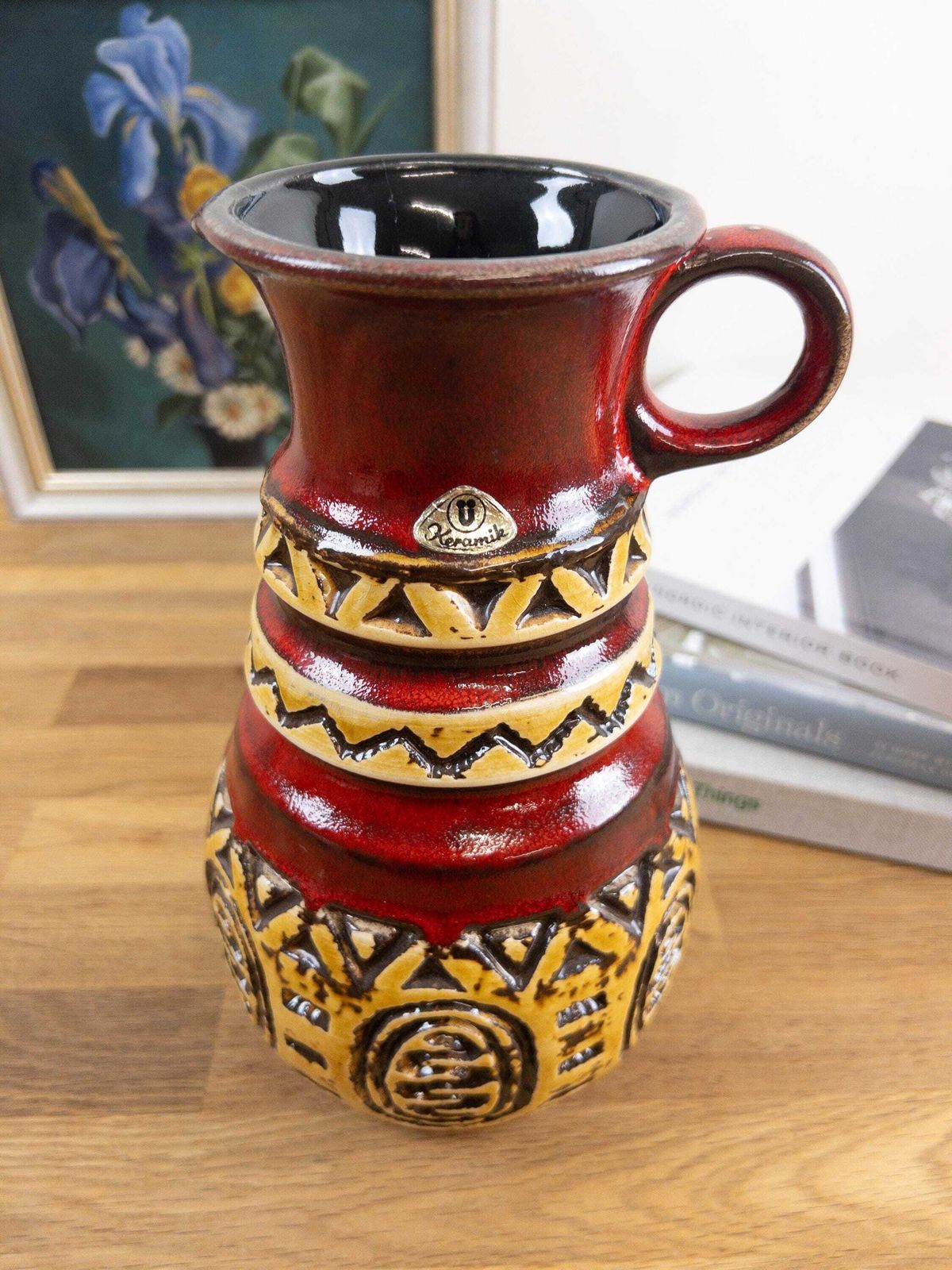 ü Keramik Red And Yellow Relief Vase   West German Ethnic Looking Ceramic Vase photo vinterior