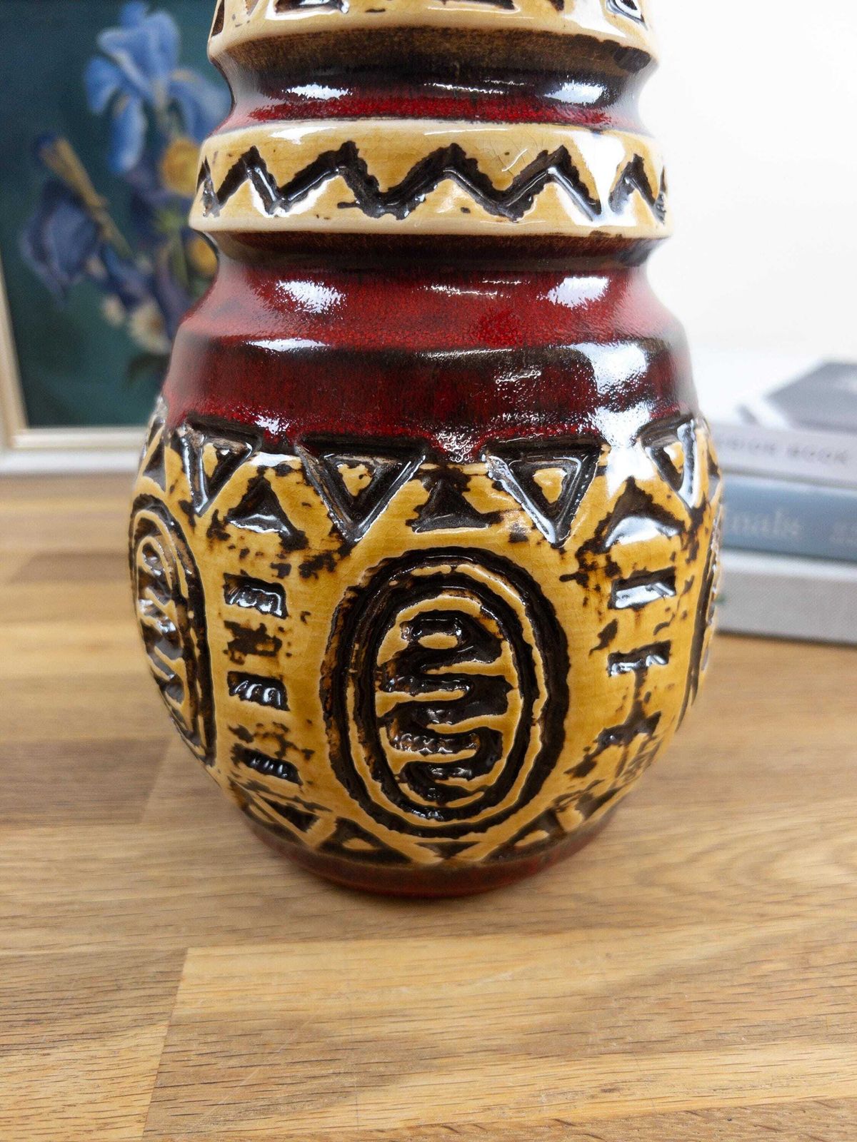 photo furniture ü Keramik Red And Yellow Relief Vase   West German Ethnic Looking Ceramic Vase