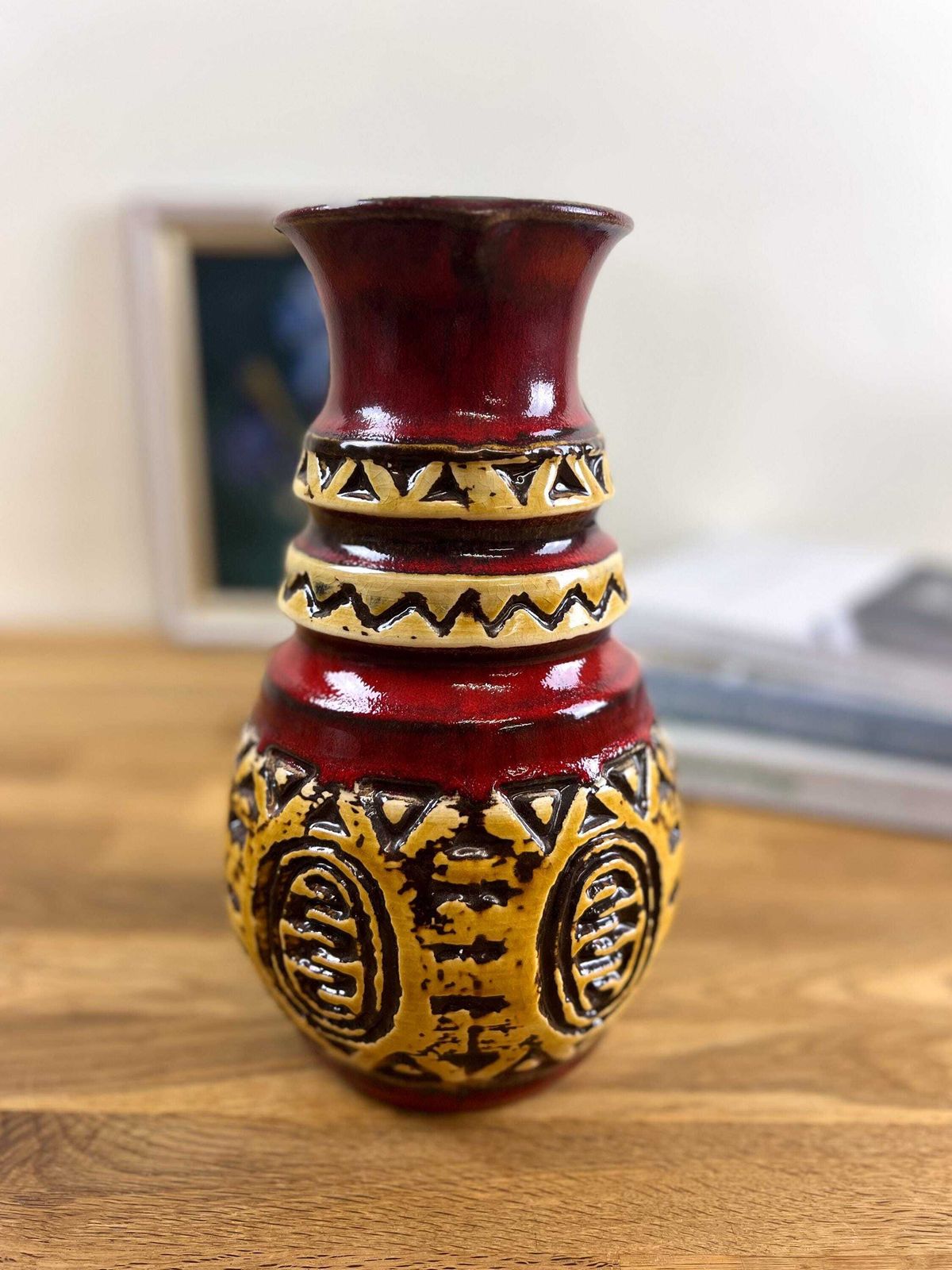 photo for sale ü Keramik Red And Yellow Relief Vase   West German Ethnic Looking Ceramic Vase