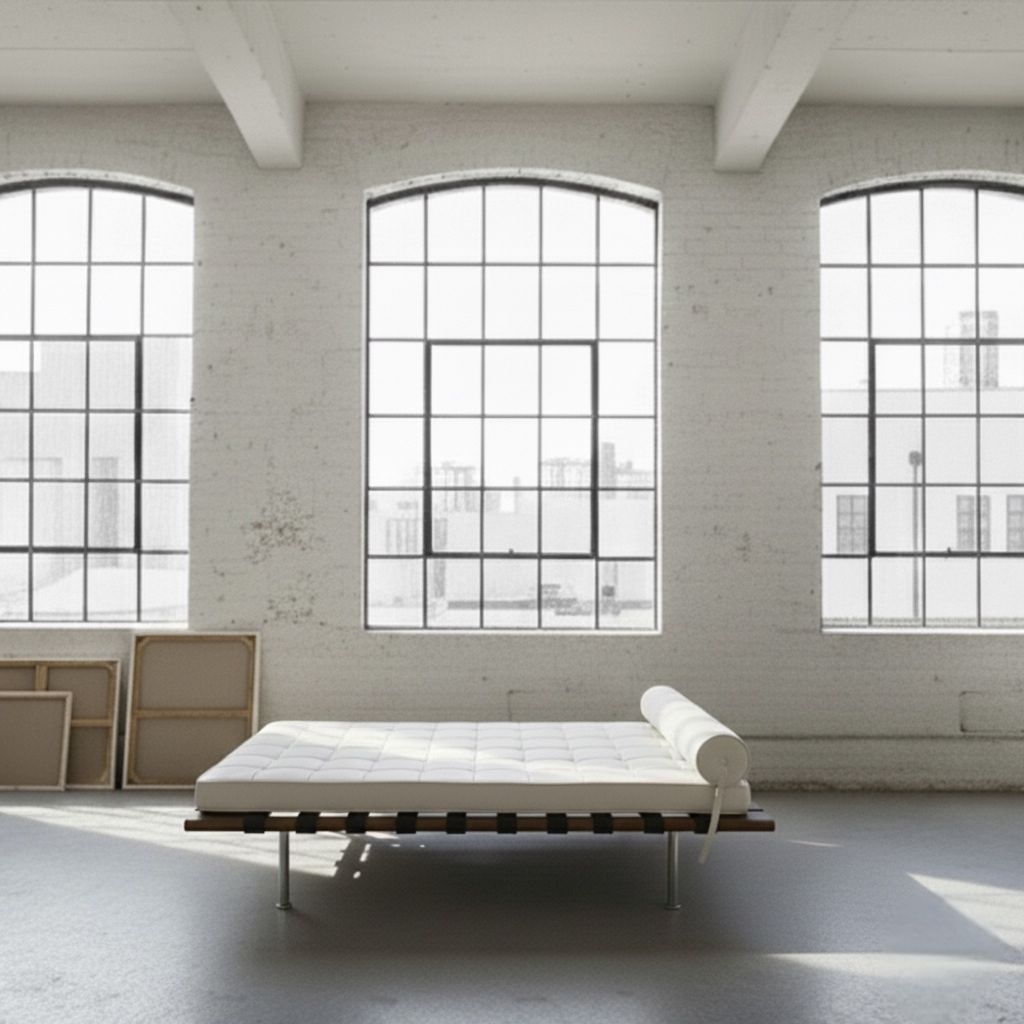 Mies Van Der Rohe White Leather Barcelona Day Bed Daybed Bauhaus Black Straps photo furniture