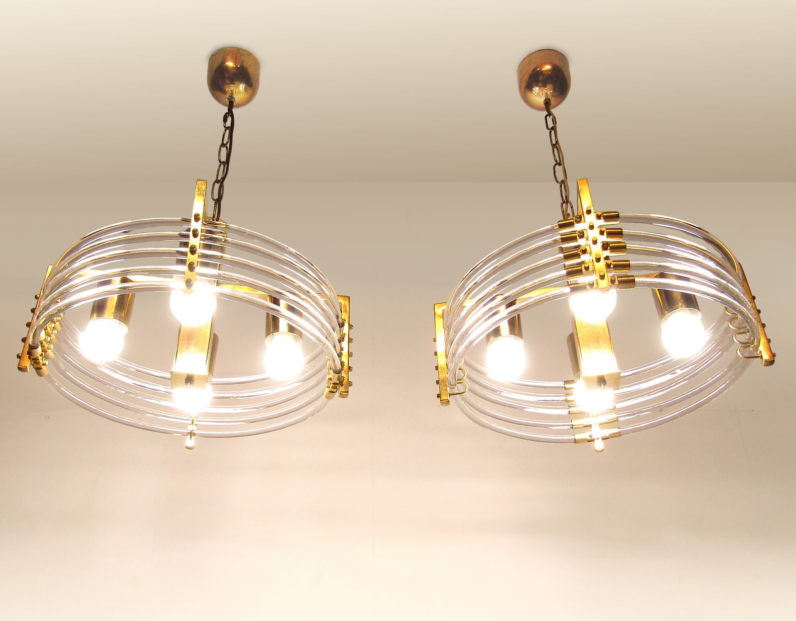 photo for sale Pair Of 1970s Italian Ufo Chandeliers By Gaetano Sciolari In Gold & Murano Glass