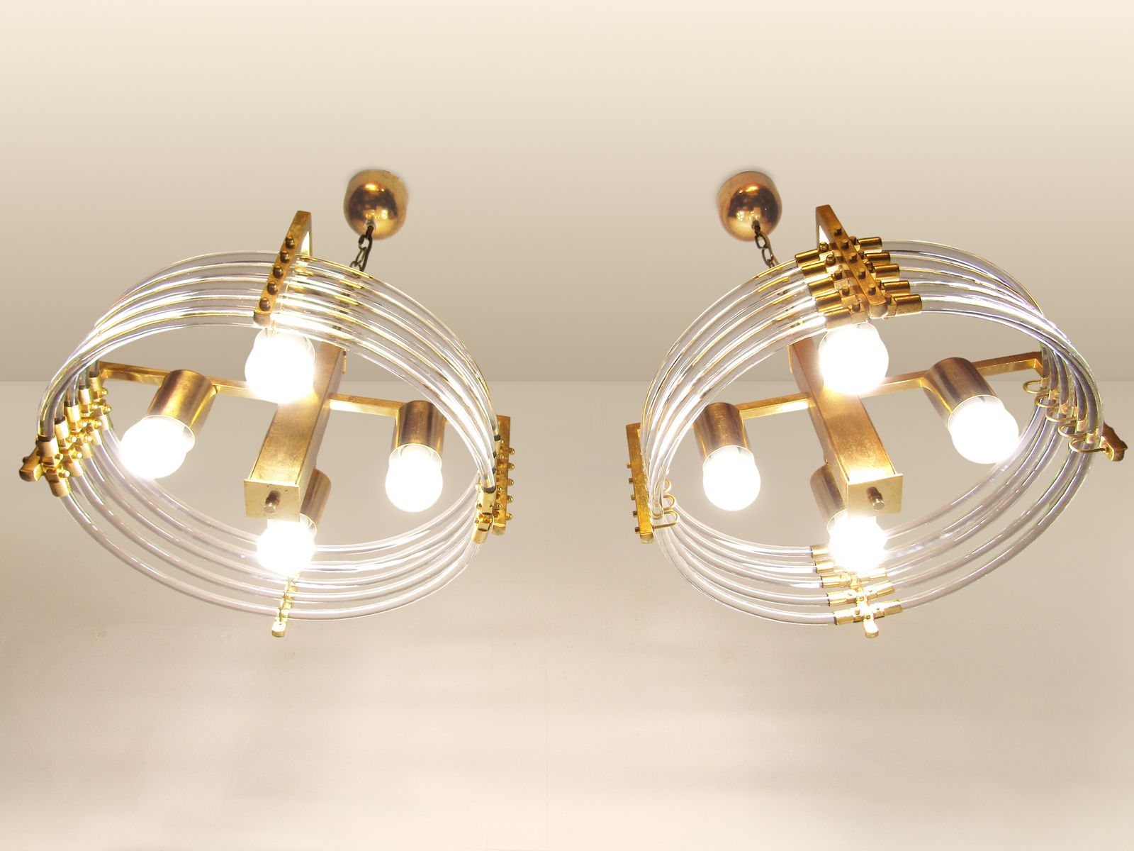 Pair Of 1970s Italian Ufo Chandeliers By Gaetano Sciolari In Gold & Murano Glass photo for sale