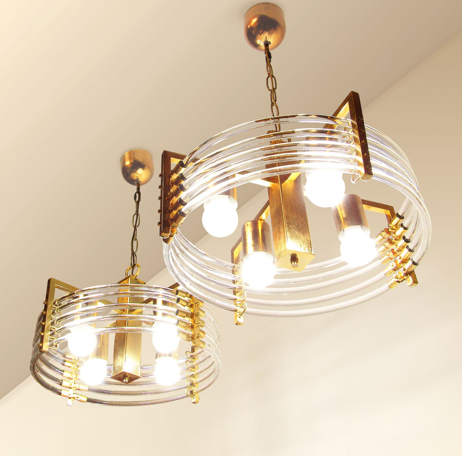 Pair Of 1970s Italian Ufo Chandeliers By Gaetano Sciolari In Gold & Murano Glass photo Lighting