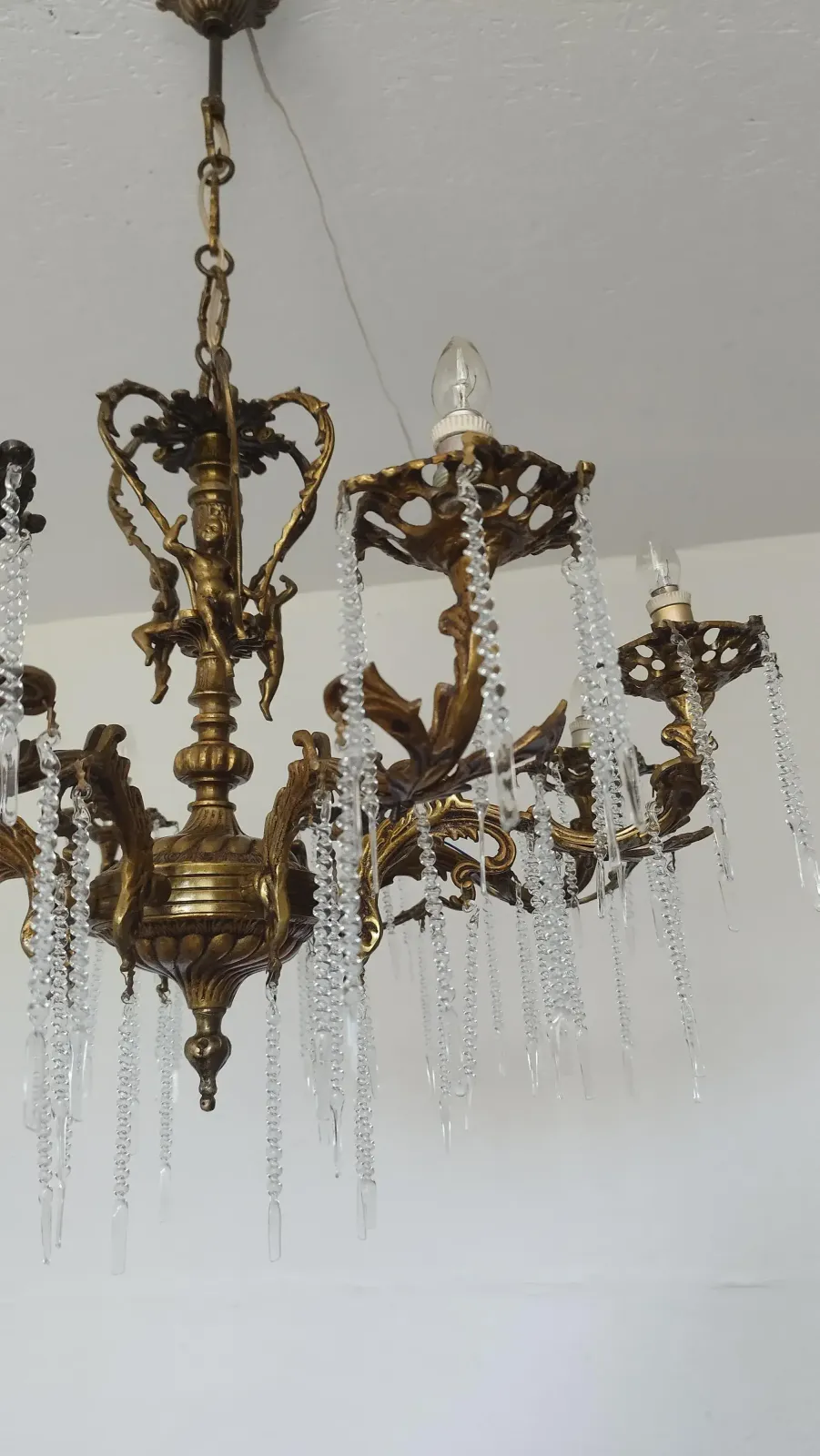 photo for sale 1970s Vintage Solid Bronze Rococo Cherub Chandelier – 8 Light Putti Centerpiece Hollywood Regency