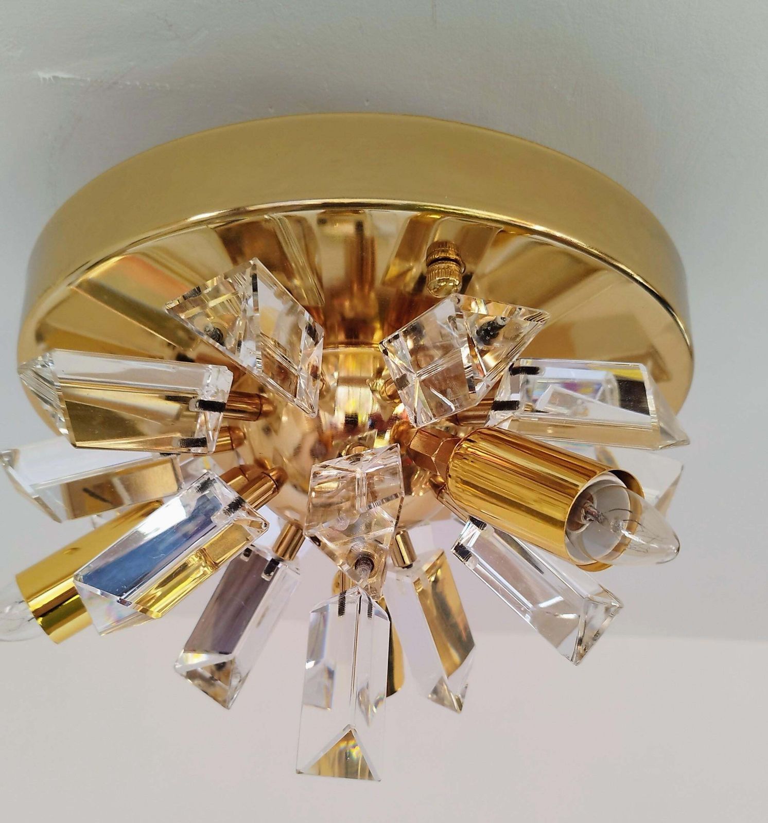 Italian Crystal Rainbow Prism Flush Mount Mid Century Starburst Light photo vintage