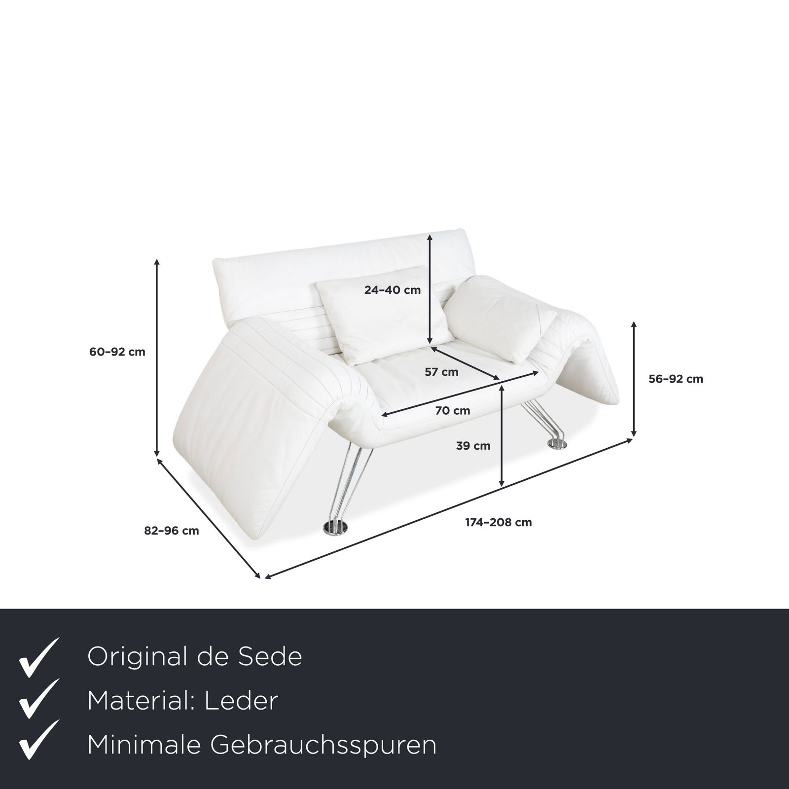 De Sede DS 142 Wing, fauteuil en cuir blanc, pieds chromés, fonction manuelle photo furniture