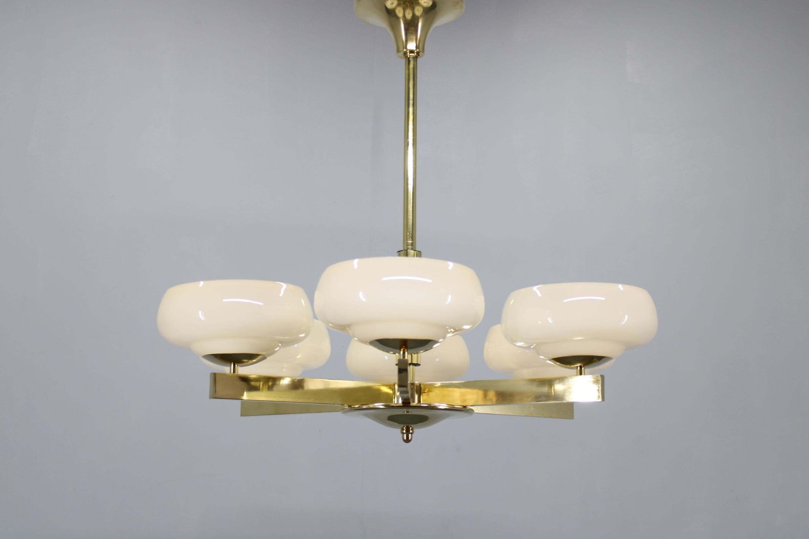 Art Deco Brass Chandelier With Opaline Glass, Czechoslovakia, 1930s photo for sale