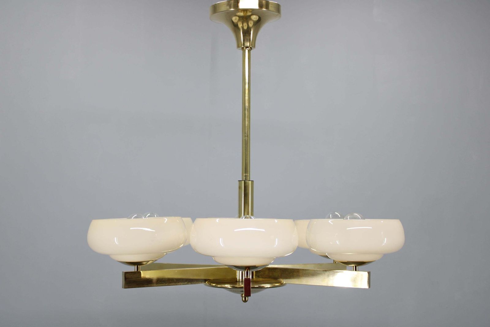 Art Deco Brass Chandelier With Opaline Glass, Czechoslovakia, 1930s photo Lighting
