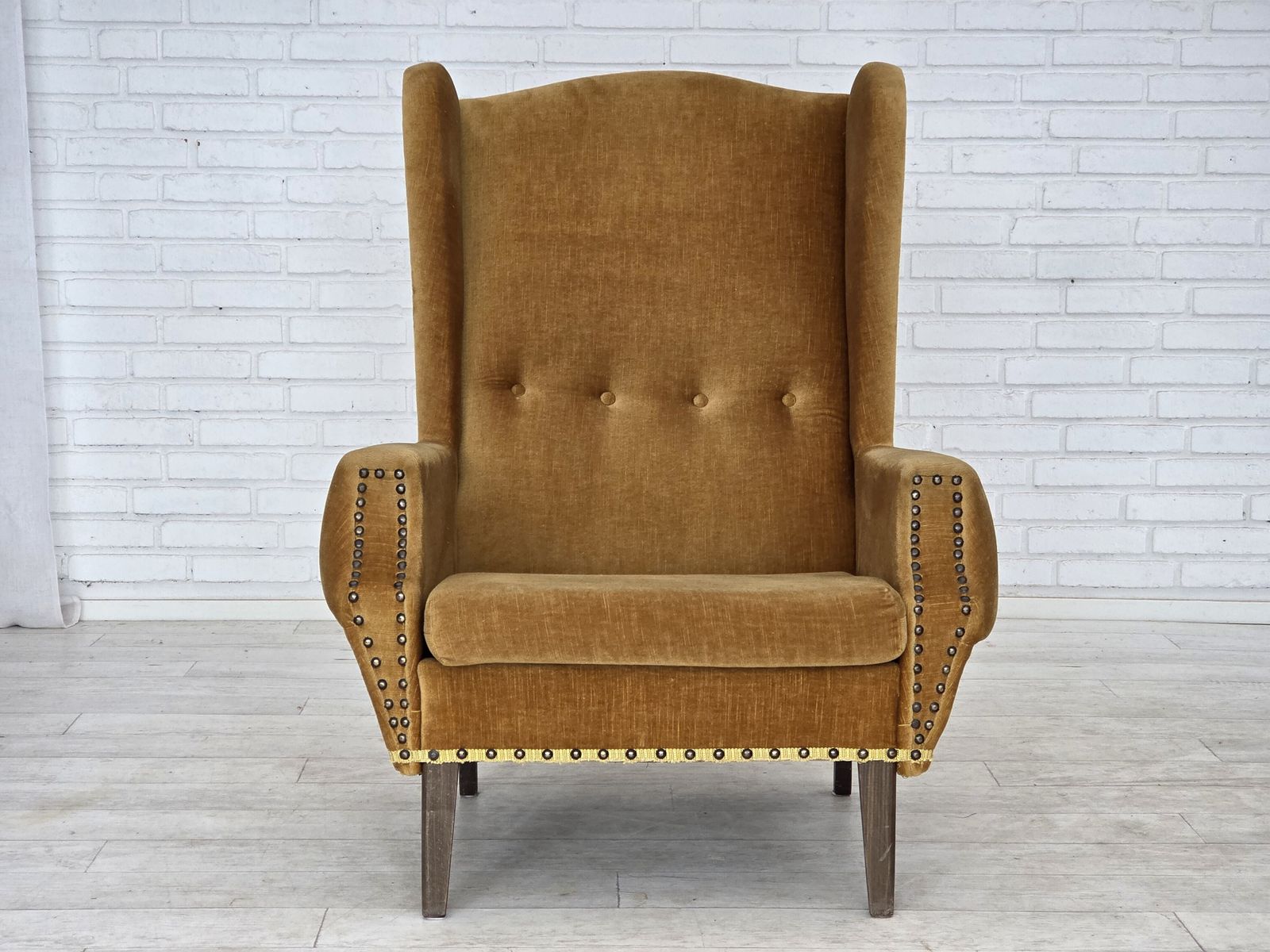 1970s, Danish High Back Armchair, Furniture Velour, Oak Wood Legs. photo furniture