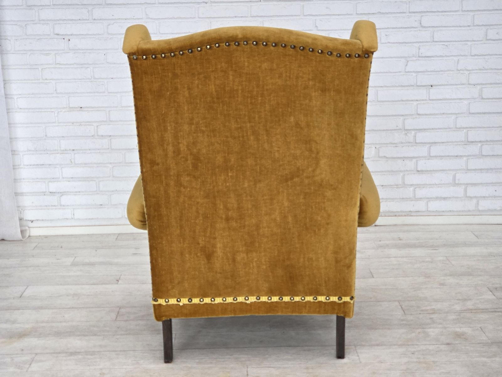 1970s, Danish High Back Armchair, Furniture Velour, Oak Wood Legs. photo Furniture