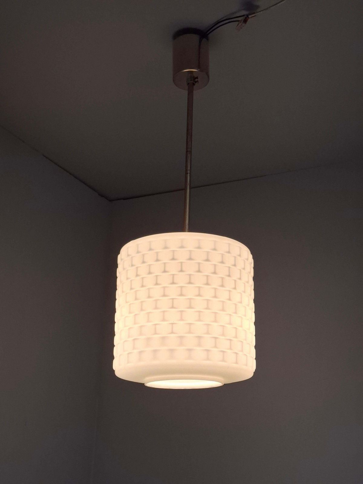 Czechoslovak Midcentury Modern Pendant Lamp In Textured Glass And Brass, 1970s photo vinterior