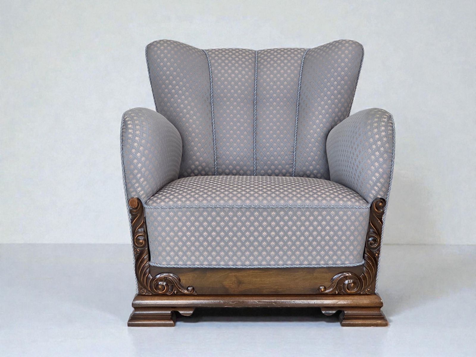 1950s, Danish Armchair, Furniture Fabric, Carved Oak Wood.