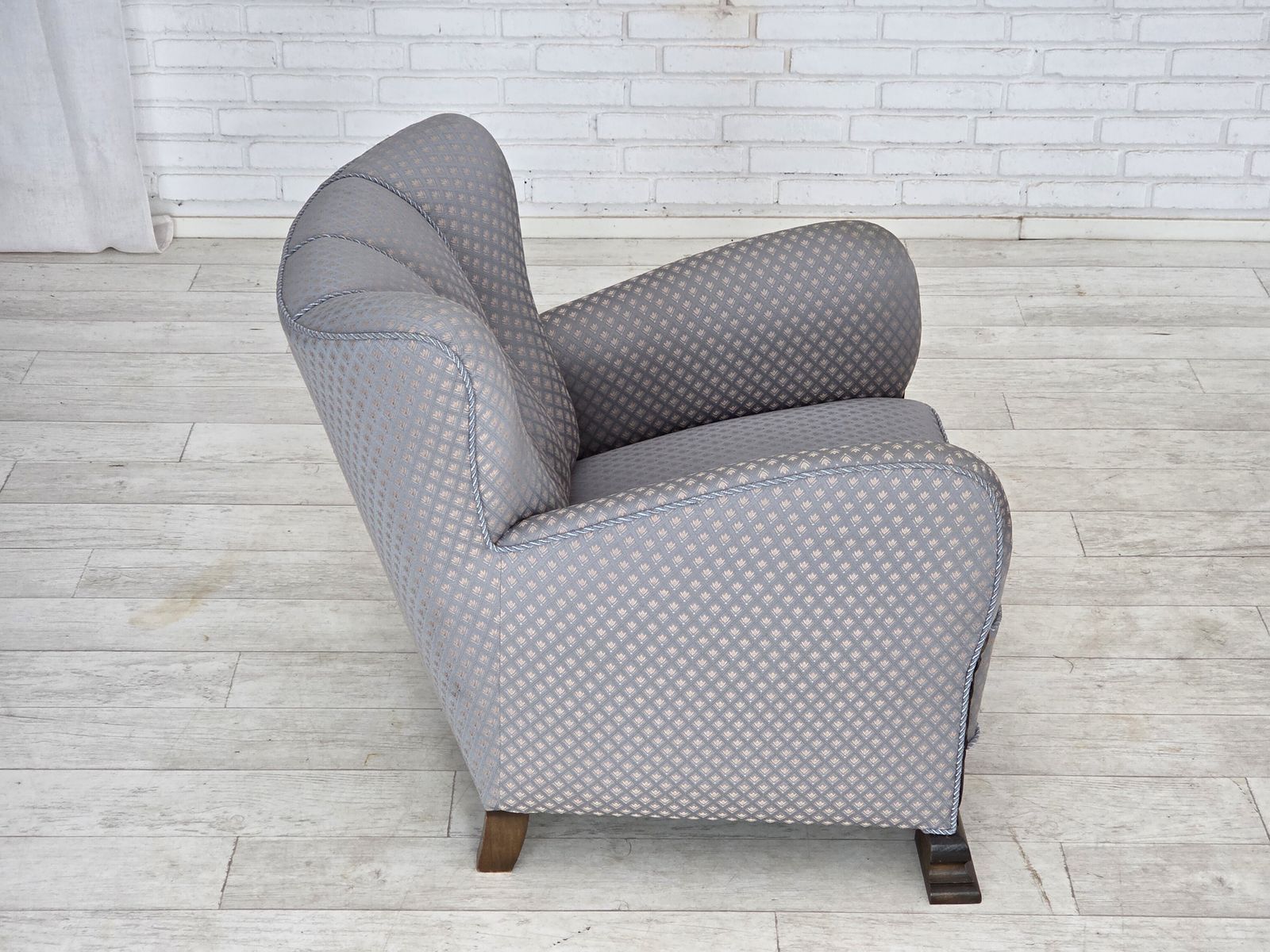 1950s, Danish Armchair, Furniture Fabric, Carved Oak Wood. photo for sale