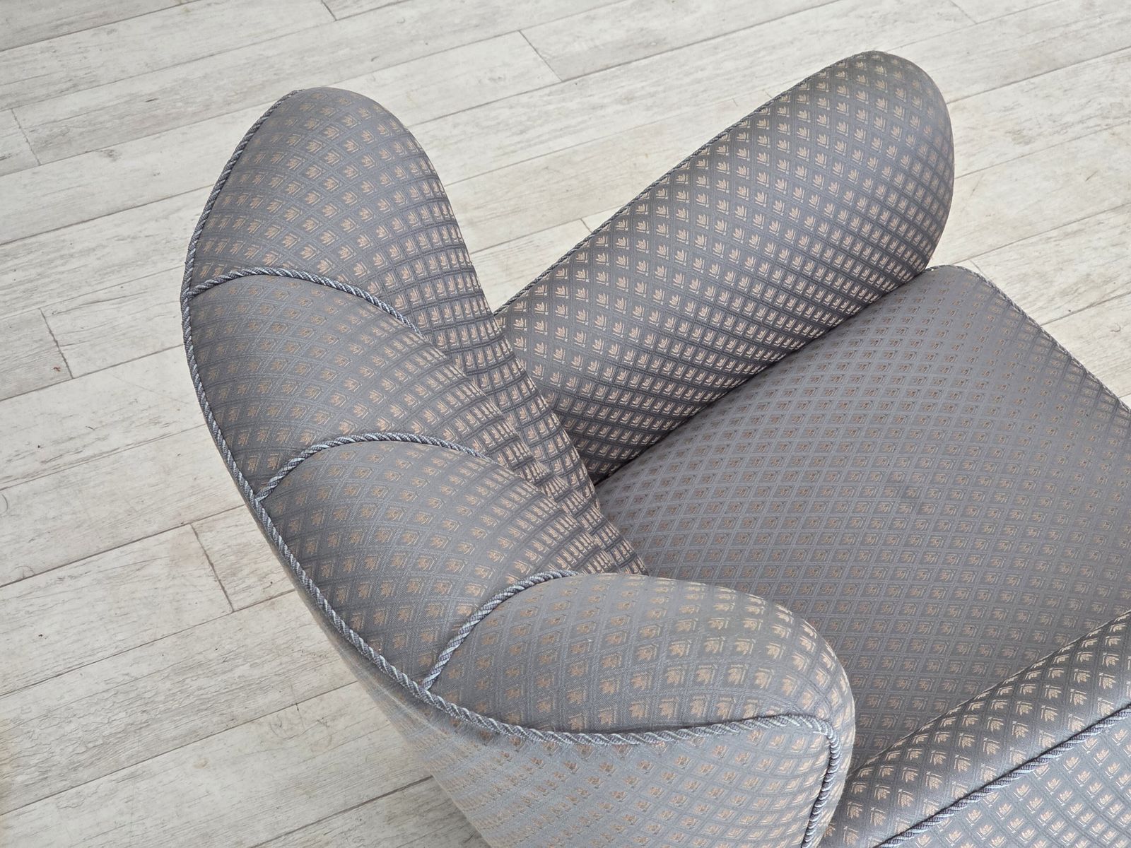 1950s, Danish Armchair, Furniture Fabric, Carved Oak Wood. photo Furniture