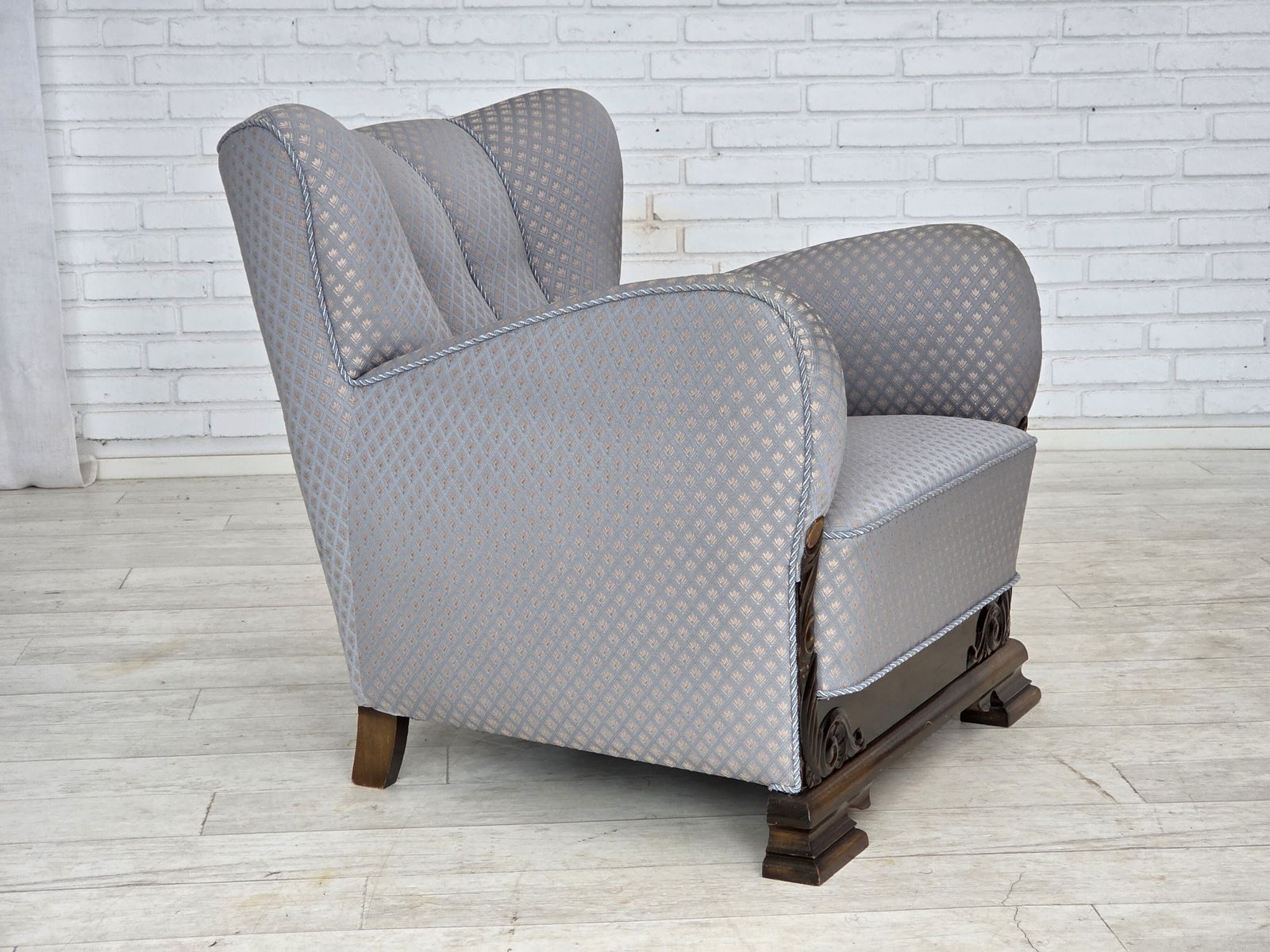 photo for sale 1950s, Danish Armchair, Furniture Fabric, Carved Oak Wood.