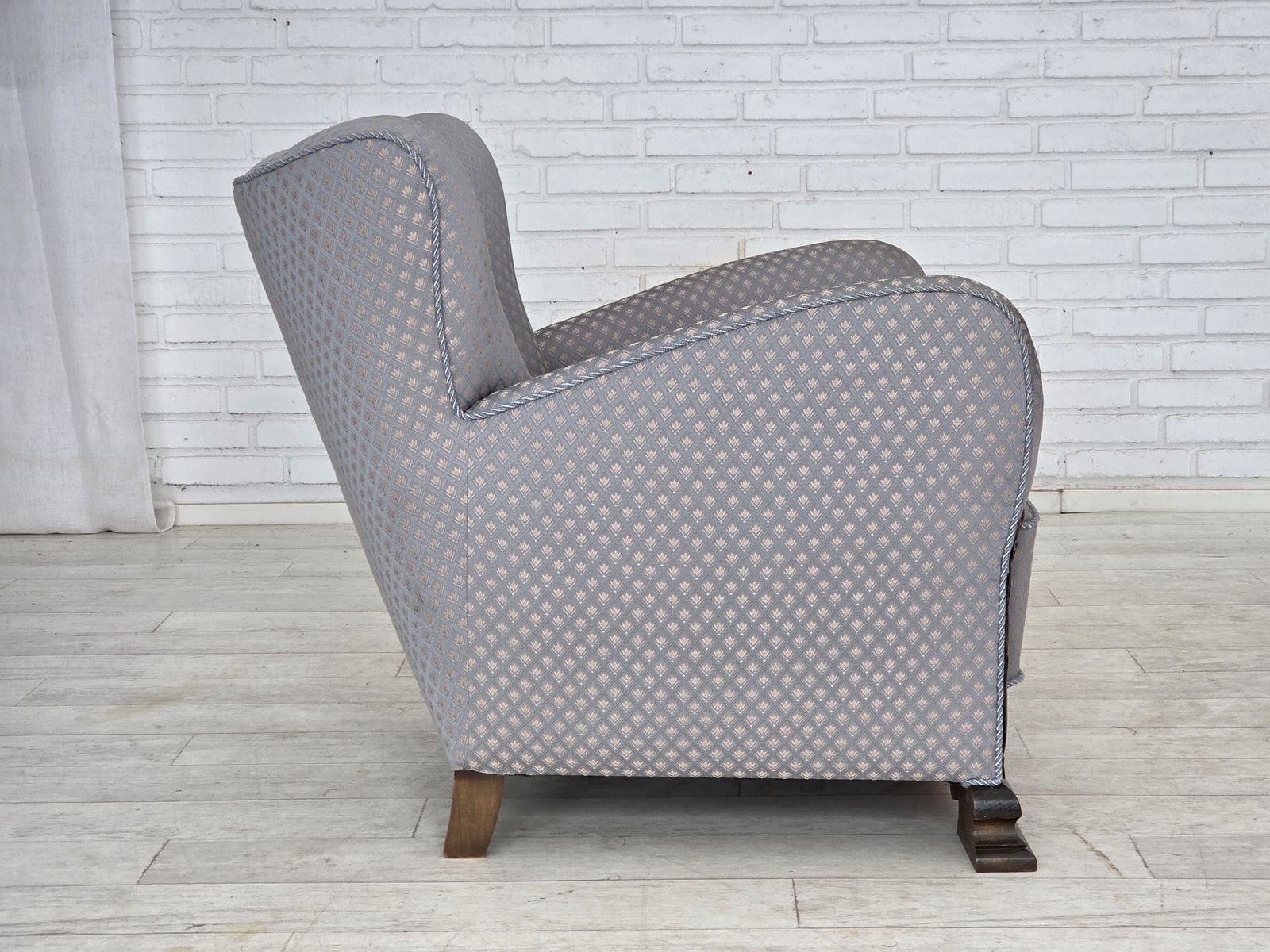 1190.0 1950s, Danish Armchair, Furniture Fabric, Carved Oak Wood. photo