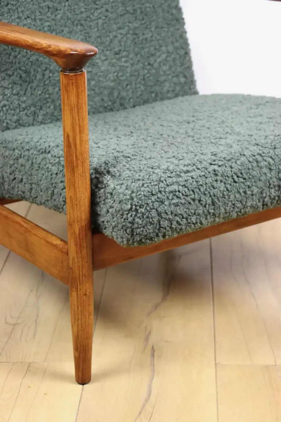 Gfm 142 Armchair, Designed By Edmund Homa From The 1970s, Olive Green, Thick Bouclé photo furniture