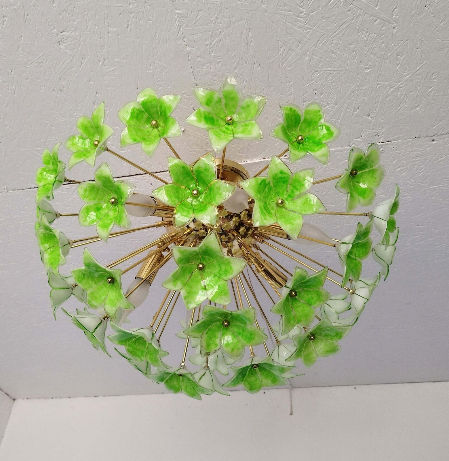 Green Floral Sputnik Flush Mount Chandelier 1980s Glass Flowers photo vinterior